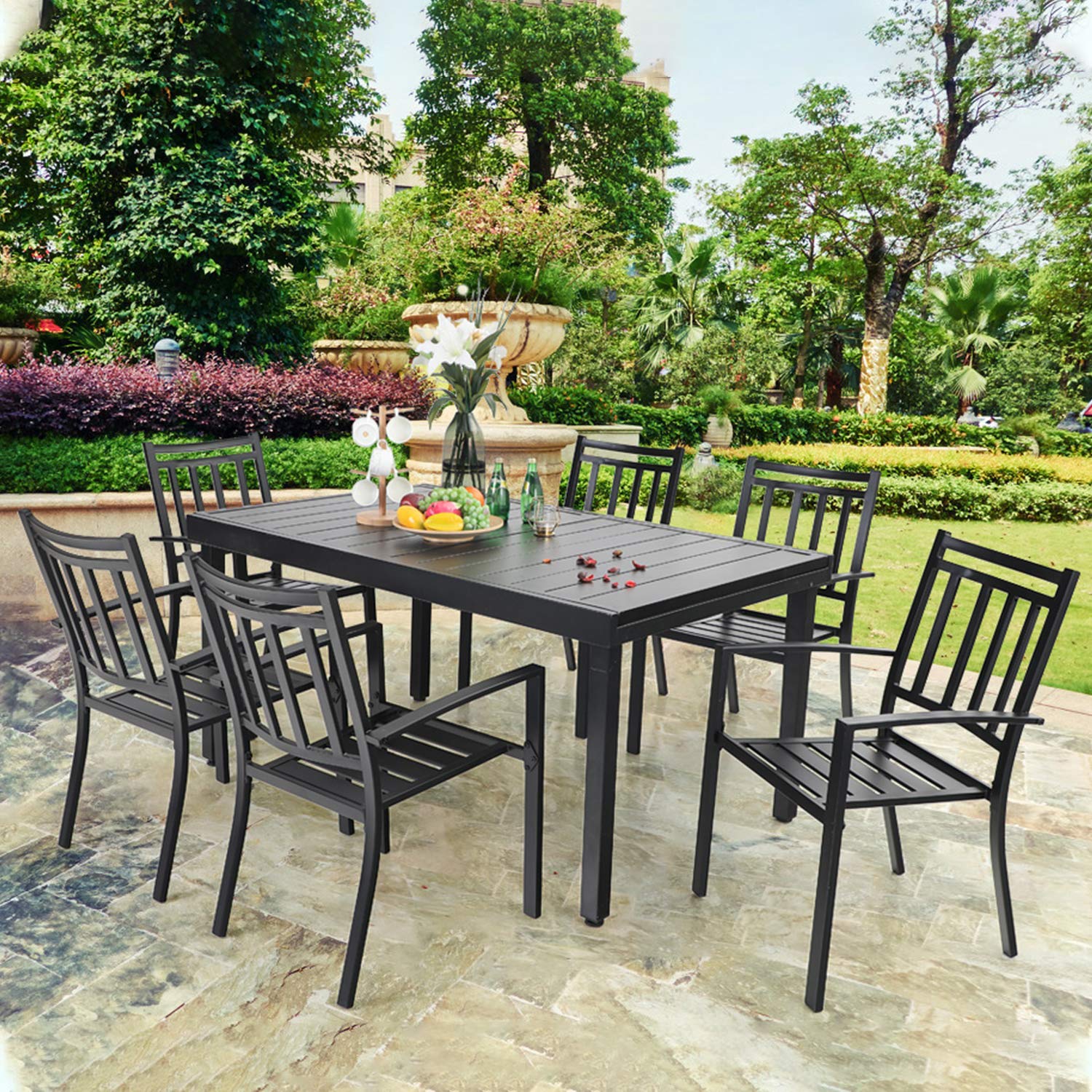 PHI VILLA 7-Piece Outdoor Dining Set with Extendable Table & 6 Heavy-Duty Patio Chairs (300 lb Capacity) - Perfect for Backyard, Garden, Patio & Bistro Outdoor Entertaining