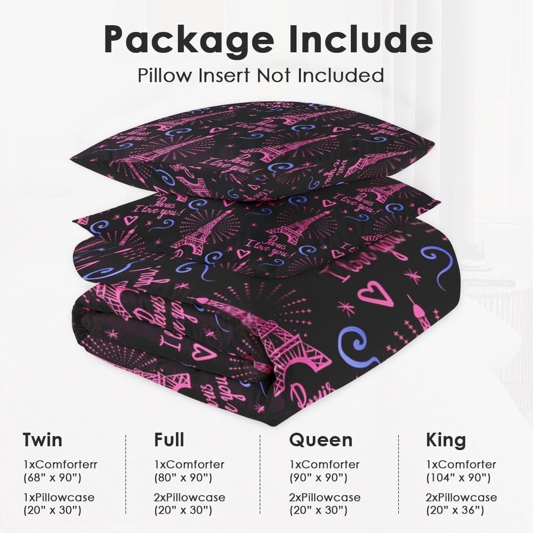 King Size Comforter Set - Paris I Love You Soft Bedding Collection for Kids & Adults, Eiffel Tower Design with 2 Pillowcases | Cozy Bedroom Decor for Guest Rooms, Kids' Rooms & Master Bedrooms