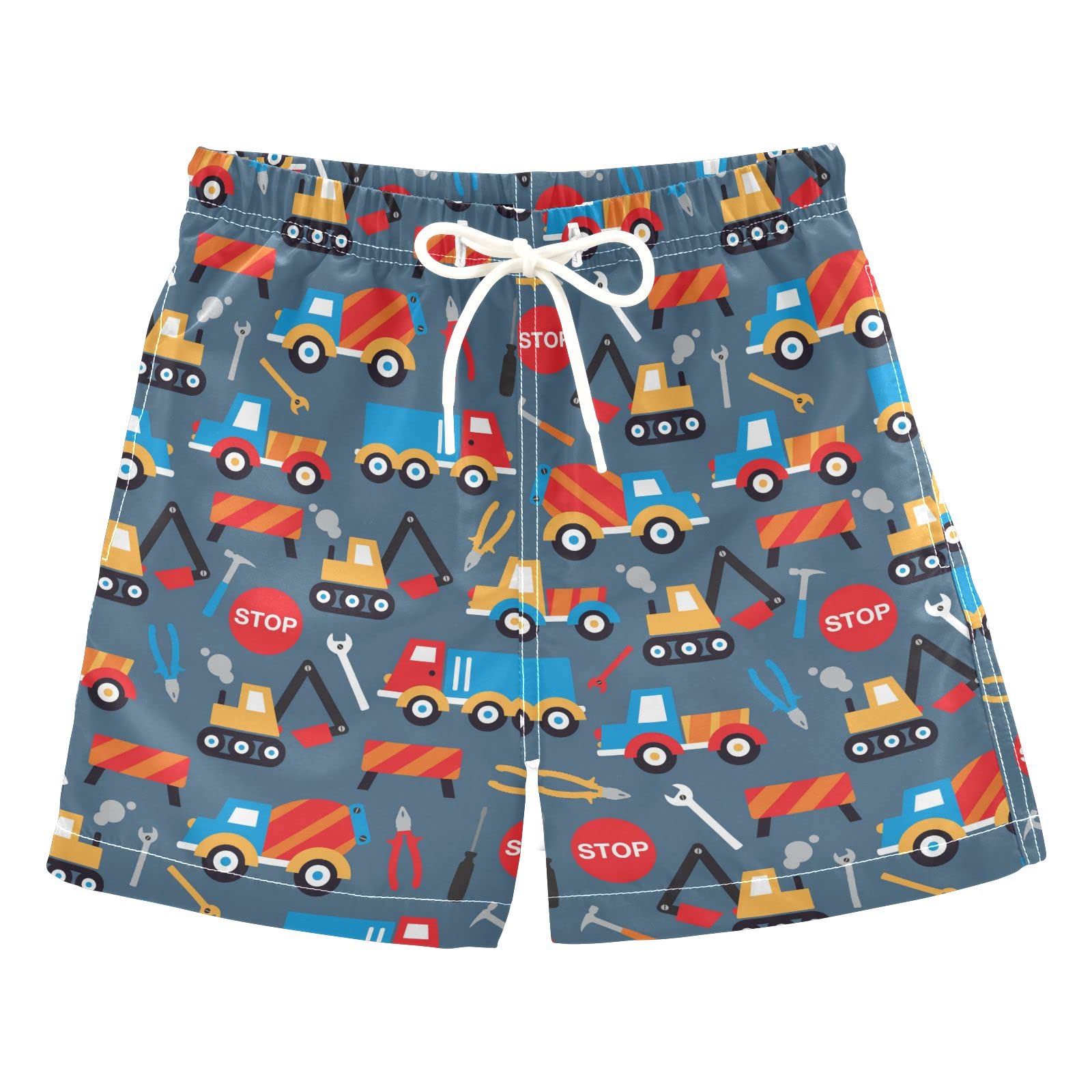 Quick Dry Boys Swim Trunks with Crane & Digger Print - Fun Construction Theme for Kids & Teens - Perfect for Pool, Beach & Summer Water Activities