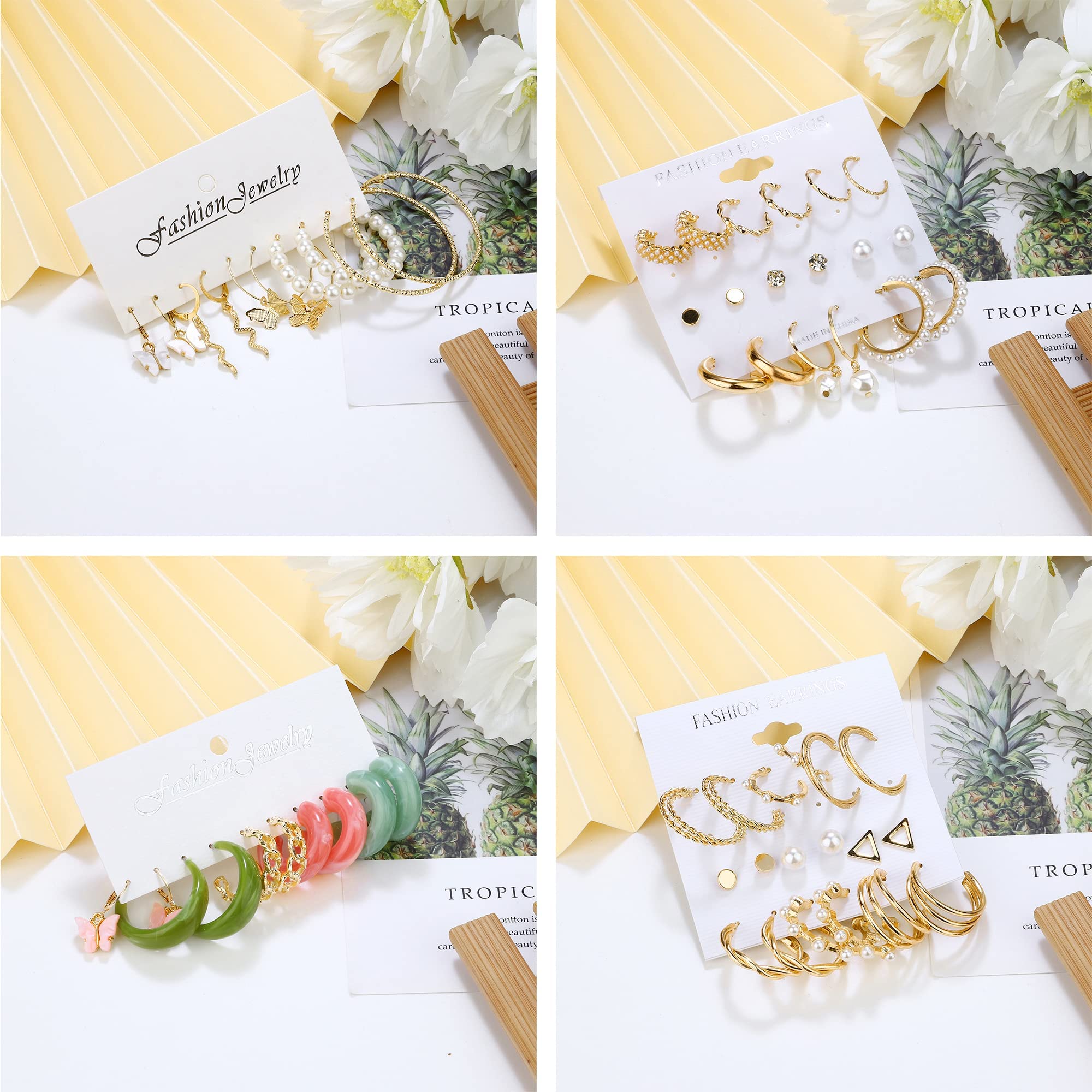 MILACOLATO 30 Pairs Women's Gold Pearl Earrings Set - Boho Hoop, Stud, Drop Dangle Earrings with Butterfly & Snake Designs - Acrylic Statement Jewelry Multipack for Girls & Women | Perfect for Gifts, Parties, Boho Fashion & Everyday Wear