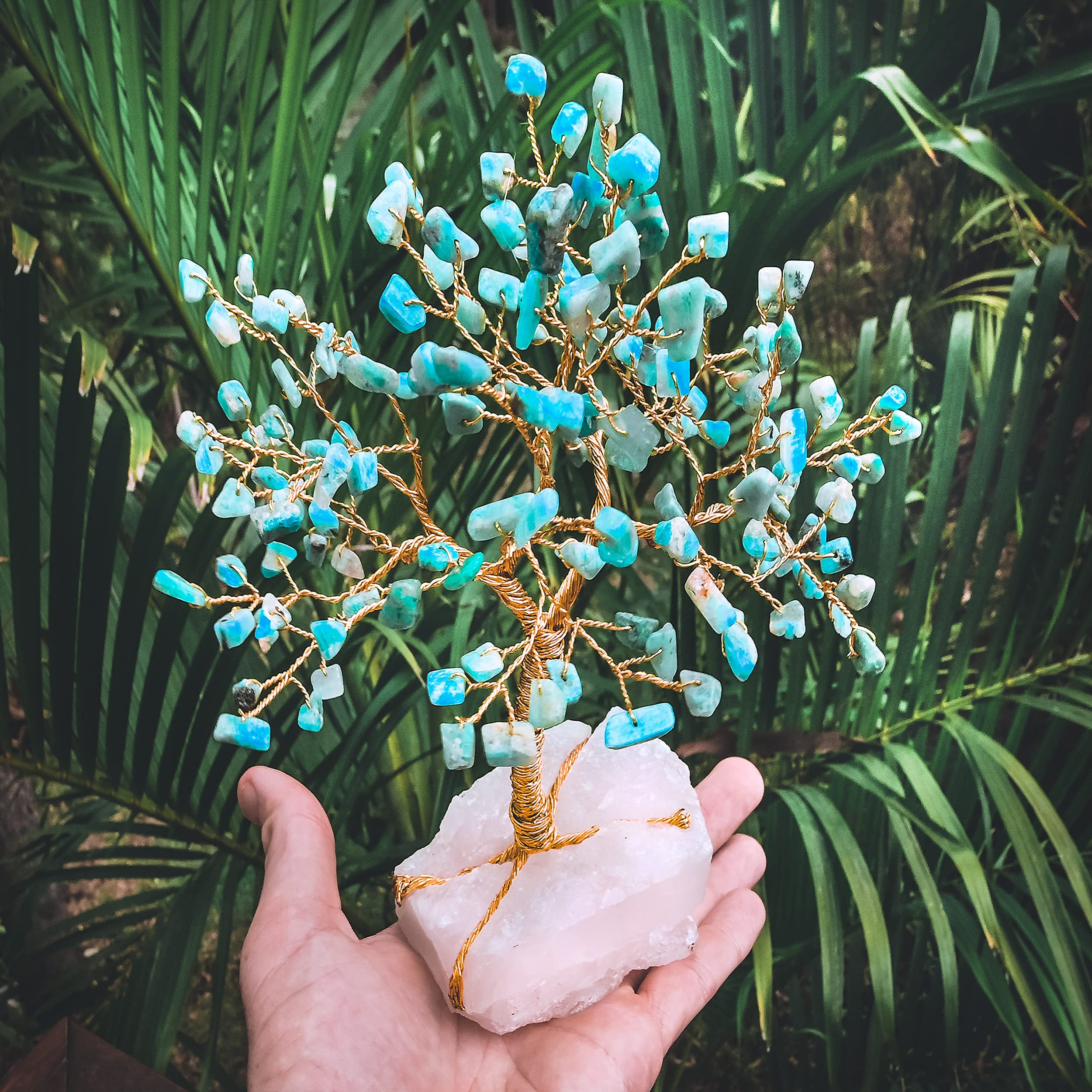 Natural Chakra Healing Crystal Money Tree - Rose Quartz & Amazonite Gemstone for Wealth, Luck, Love & Peace | Feng Shui Home & Office Decor | Meditation Gifts, Spiritual Healing & Positive Energy Boost