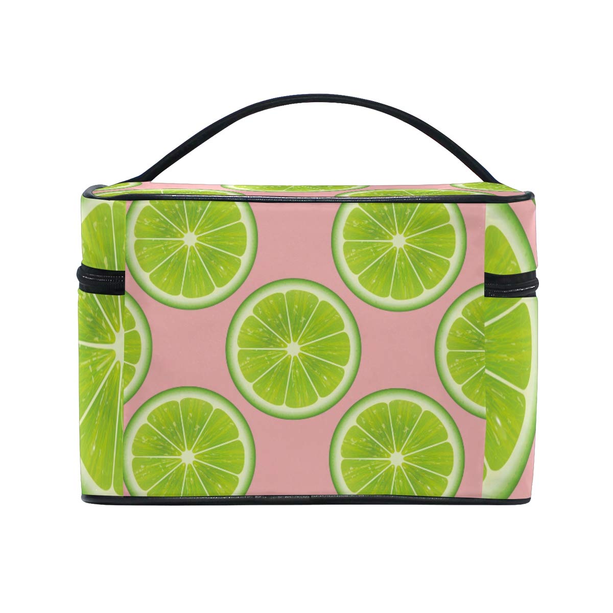 Green Fresh Lime Pattern Cosmetic Bag - Pink Background Travel Train Case, Portable Toiletry Organizer for Makeup & Storage | Perfect for Travel, Gym, and Daily Use