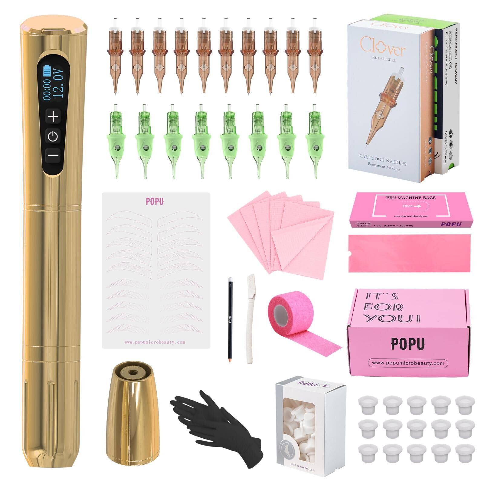 Professional Wireless Tattoo Machine Kit - 3.0mm Stroke Length, 800mAh Coreless Motor, SMP Tattoo Rotary Machine with 18Pcs Mixed Cartridge Needles - Perfect for Beginners, Micro Lip Tattoos & Permanent Makeup - Golden (NORA) - Ideal for Home Tattoo Practice, Professional Studio Use & Cosmetic Tattooing