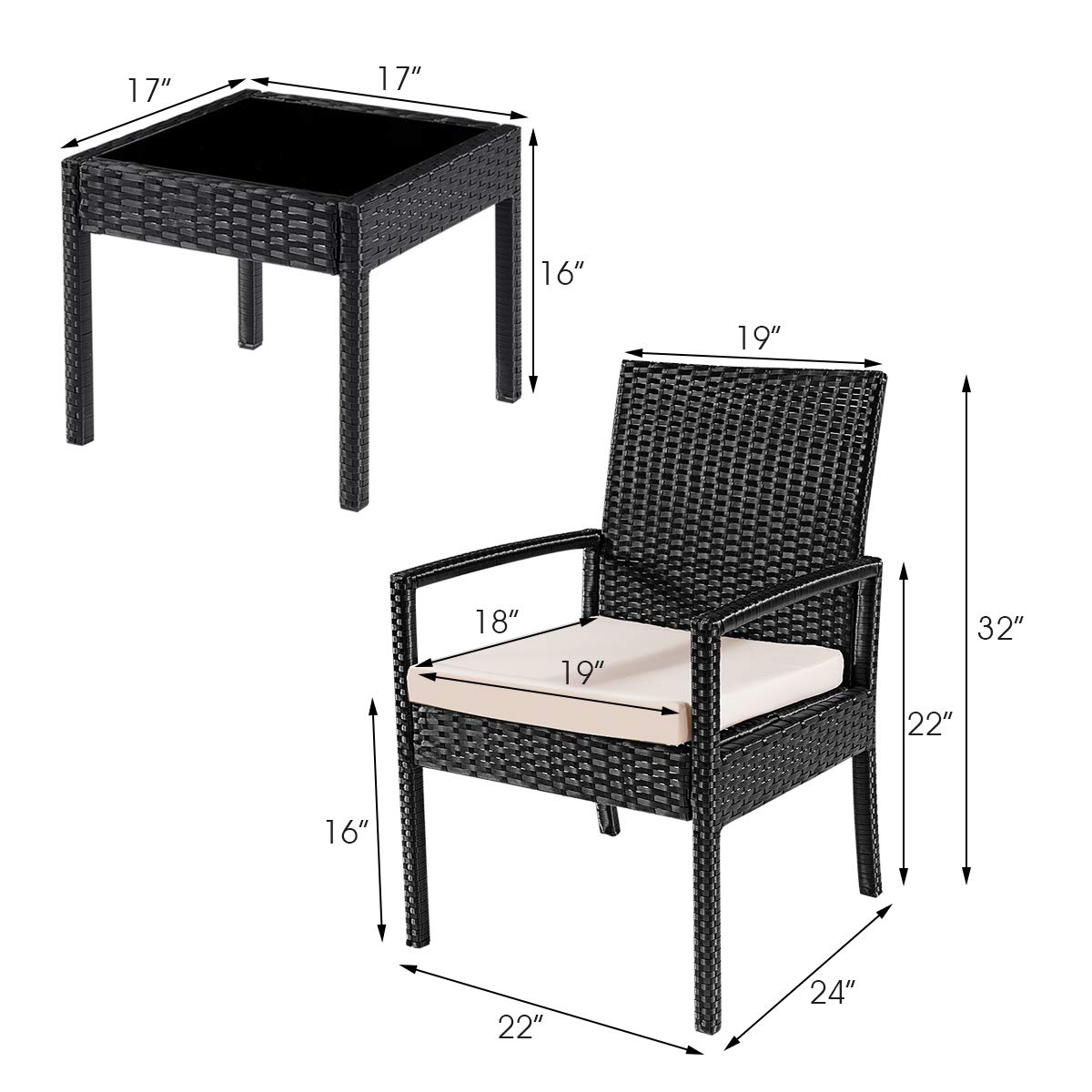 Goplus 3-Piece Wicker Patio Conversation Set with Tempered Glass Tabletop - Outdoor Rattan Sofa Set for Garden, Backyard, Balcony & Poolside Relaxation