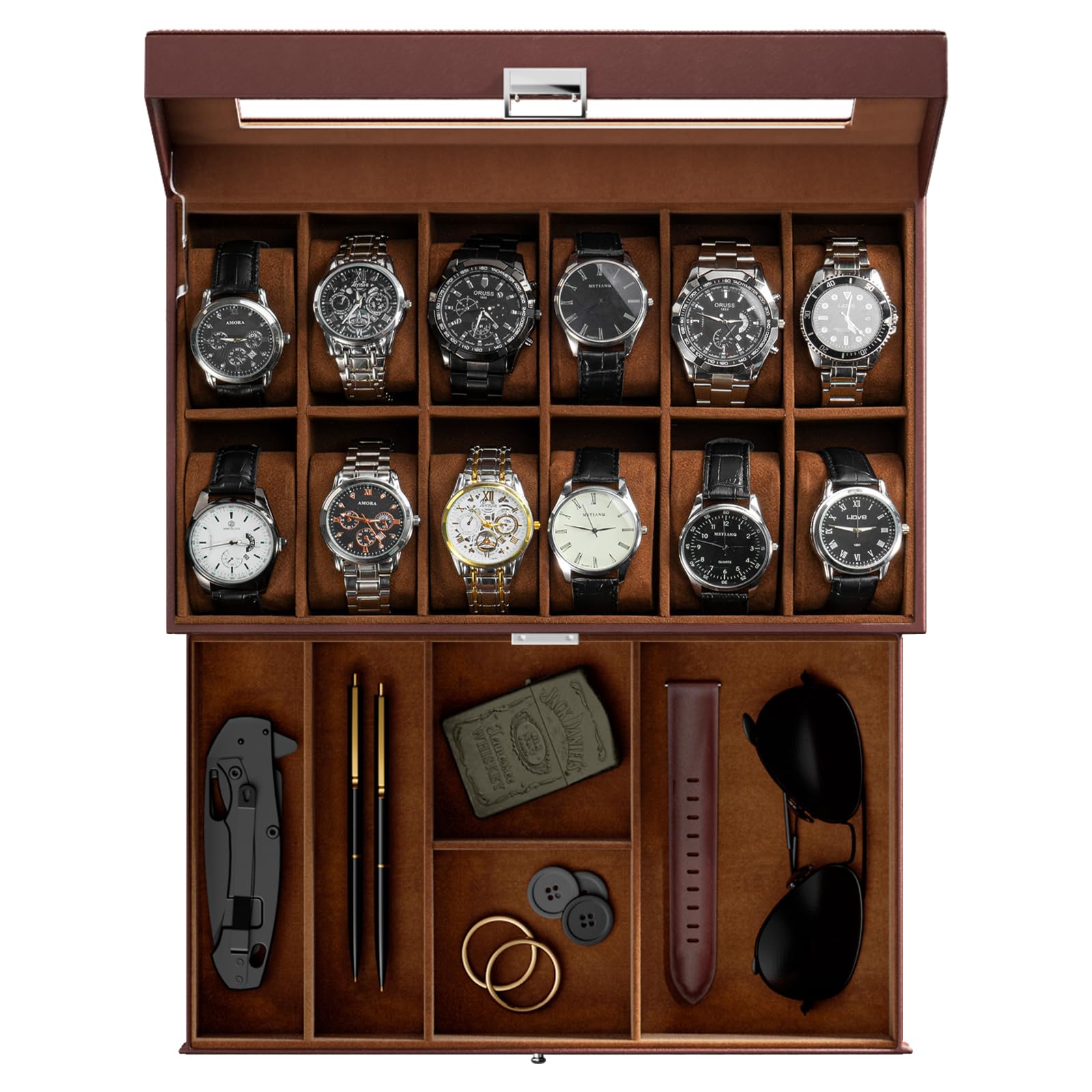 ProCase 12-Slot Watch Box for Men & Women - 2-Layer Watch Organizer with Glass Lid & Drawer - Jewelry & Watch Storage Case (Espresso) - Perfect for Watch Collectors & Gift Giving