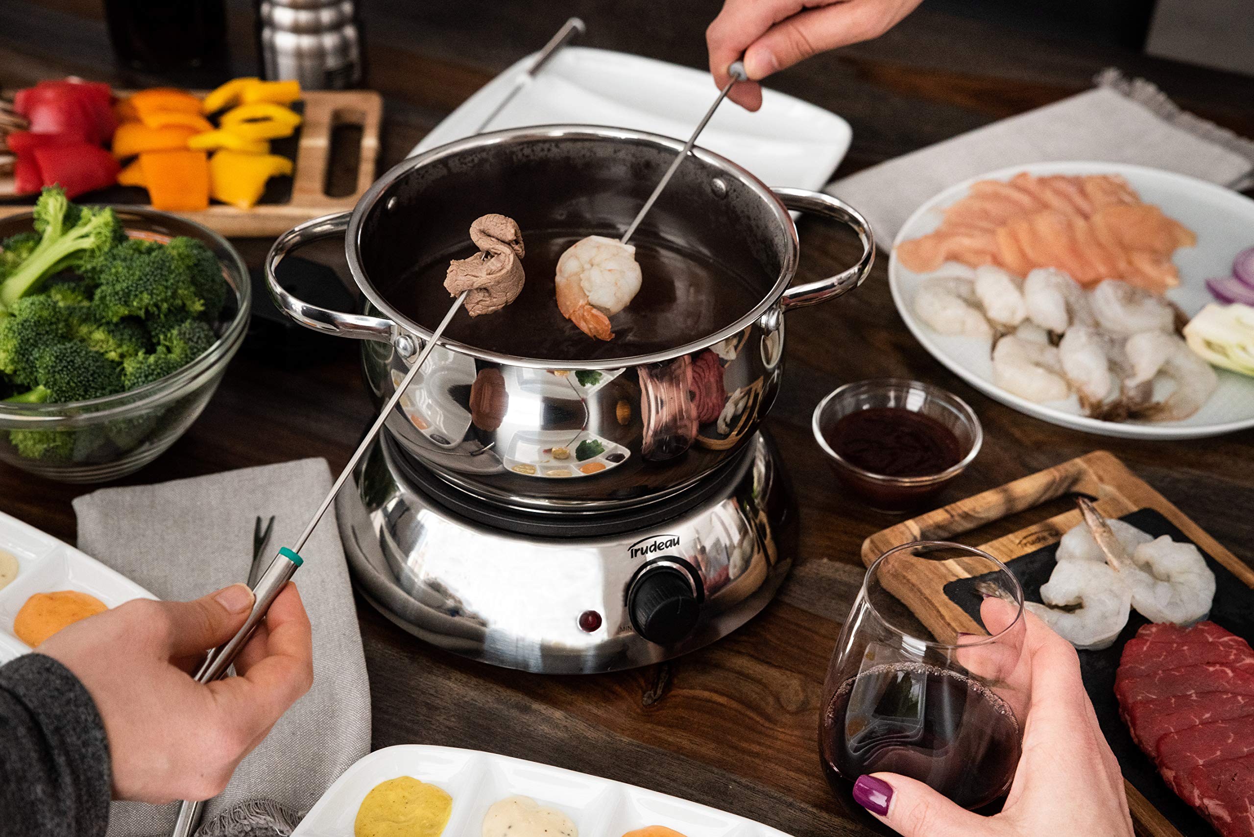 Trudeau 0829020 Alto 3-in-1 Electric Fondue Set for Chocolate, Cheese & Oil - 11-Piece Stainless Steel Fondue Pot with Forks (81 oz, Silver) - Perfect for Parties, Date Nights & Family Gatherings