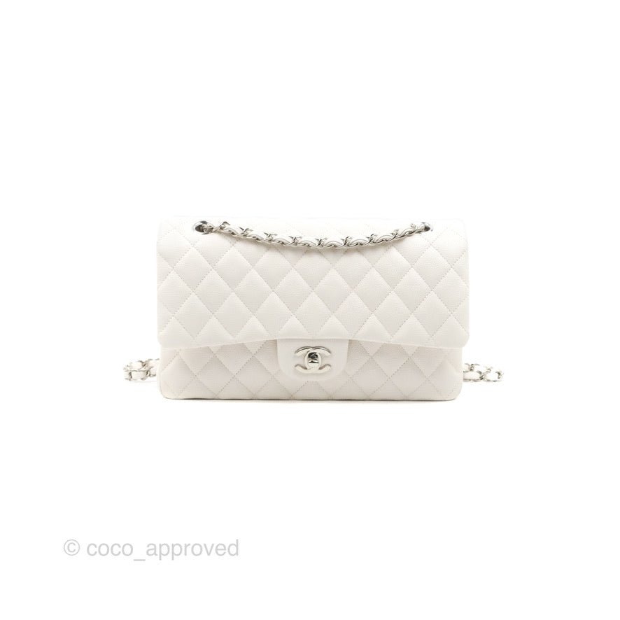 Chanel Classic Medium Double Flap Bag in White Caviar Leather with Silver Hardware - Luxury Handbag for Women, Perfect for Work, Parties & Everyday Use