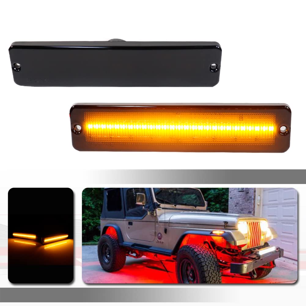 1987-1995 Jeep Wrangler YJ Full Amber LED Light Kit with Black Smoked Lens - Front Bumper & Passenger Side Marker Lamp Replacement for Off-Road & Night Driving