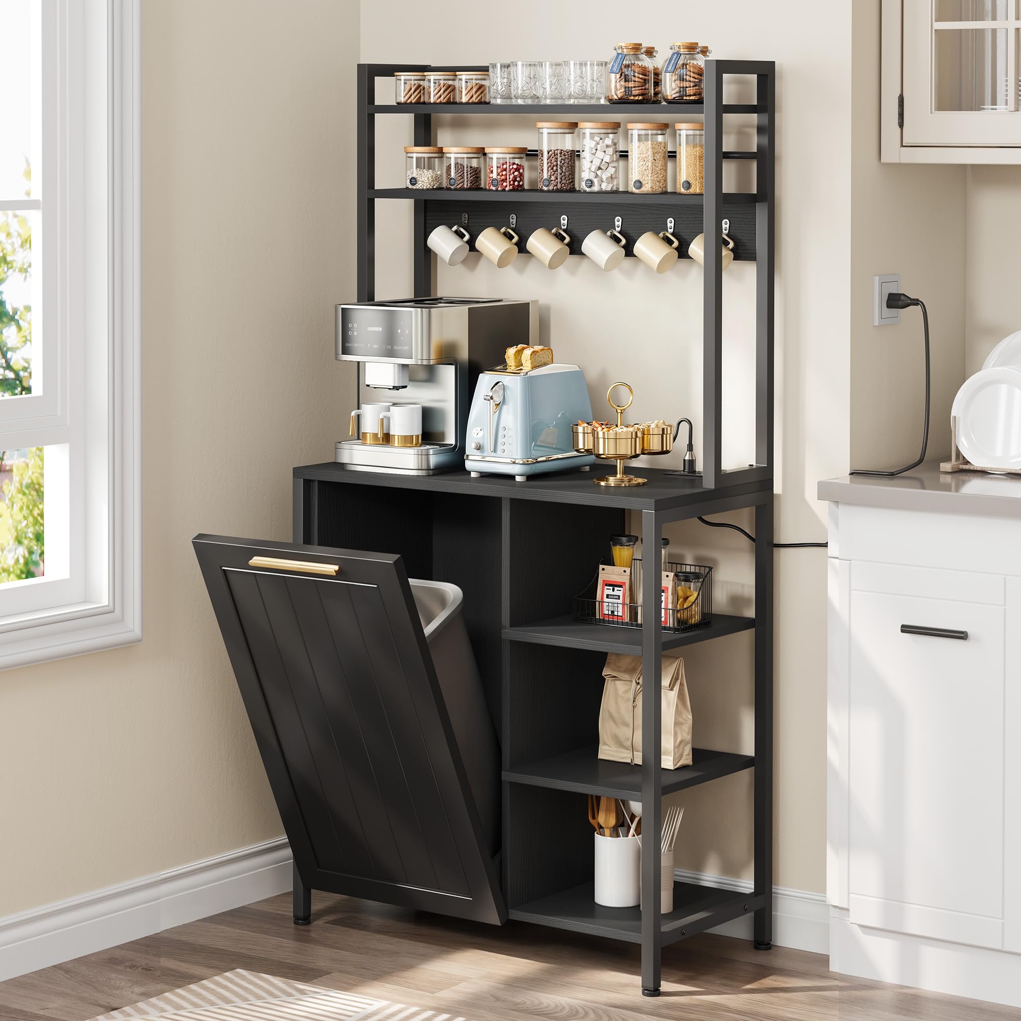 YITAHOME 6-Tier Bakers Rack with Storage, Microwave Stand with Trash Bin Cabinet & Power Outlet - Large Coffee Station for Kitchen, Dining Room & Living Room - Perfect for Small Spaces & Home Organization (Black)