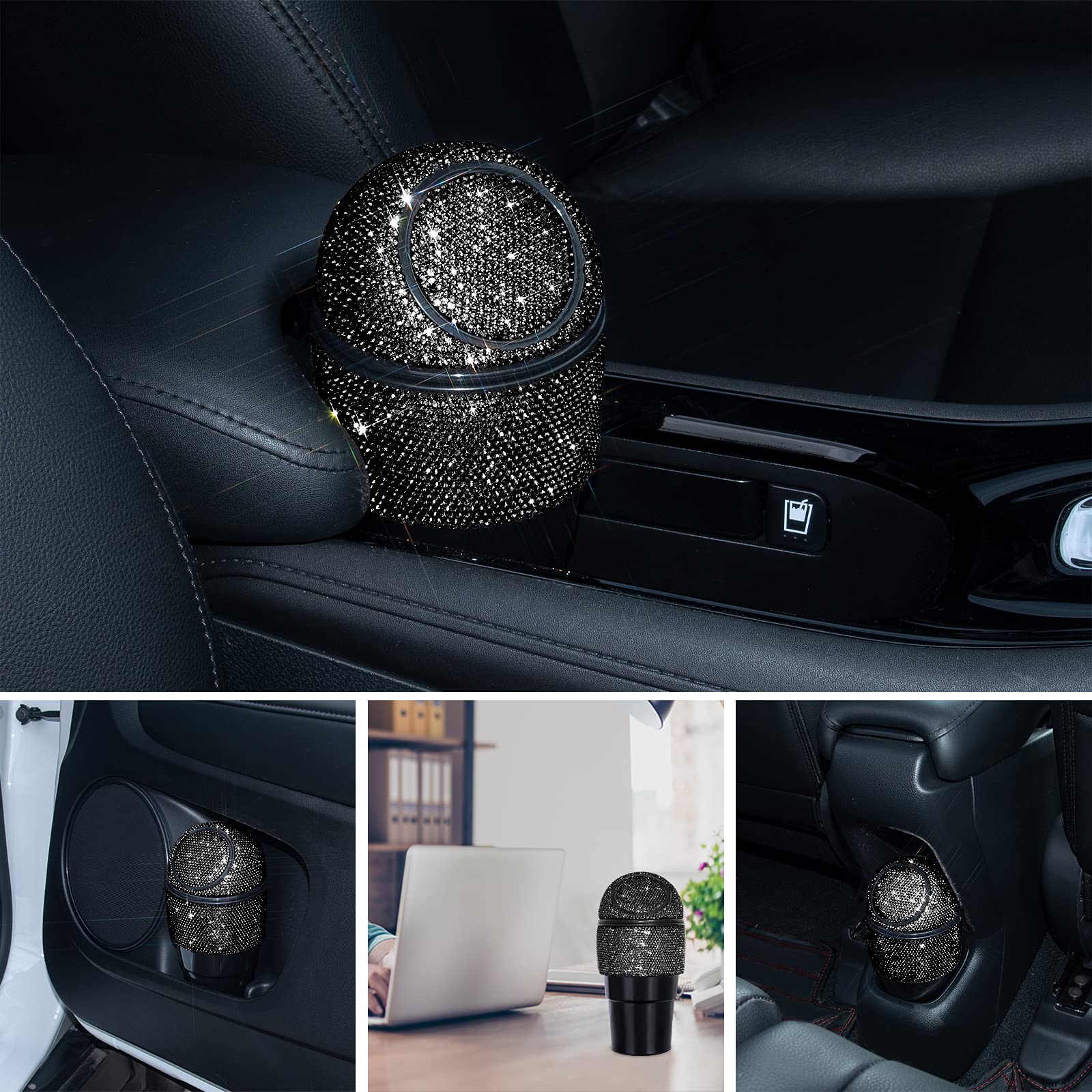 Bling Crystal Car Trash Can with Lid - Mini Auto Garbage Bin for Car, Office & Home - 5 Pack Disposable Bags Included - Perfect for Women's Vehicles, Cup Holder & Small Space Organization (Black)
