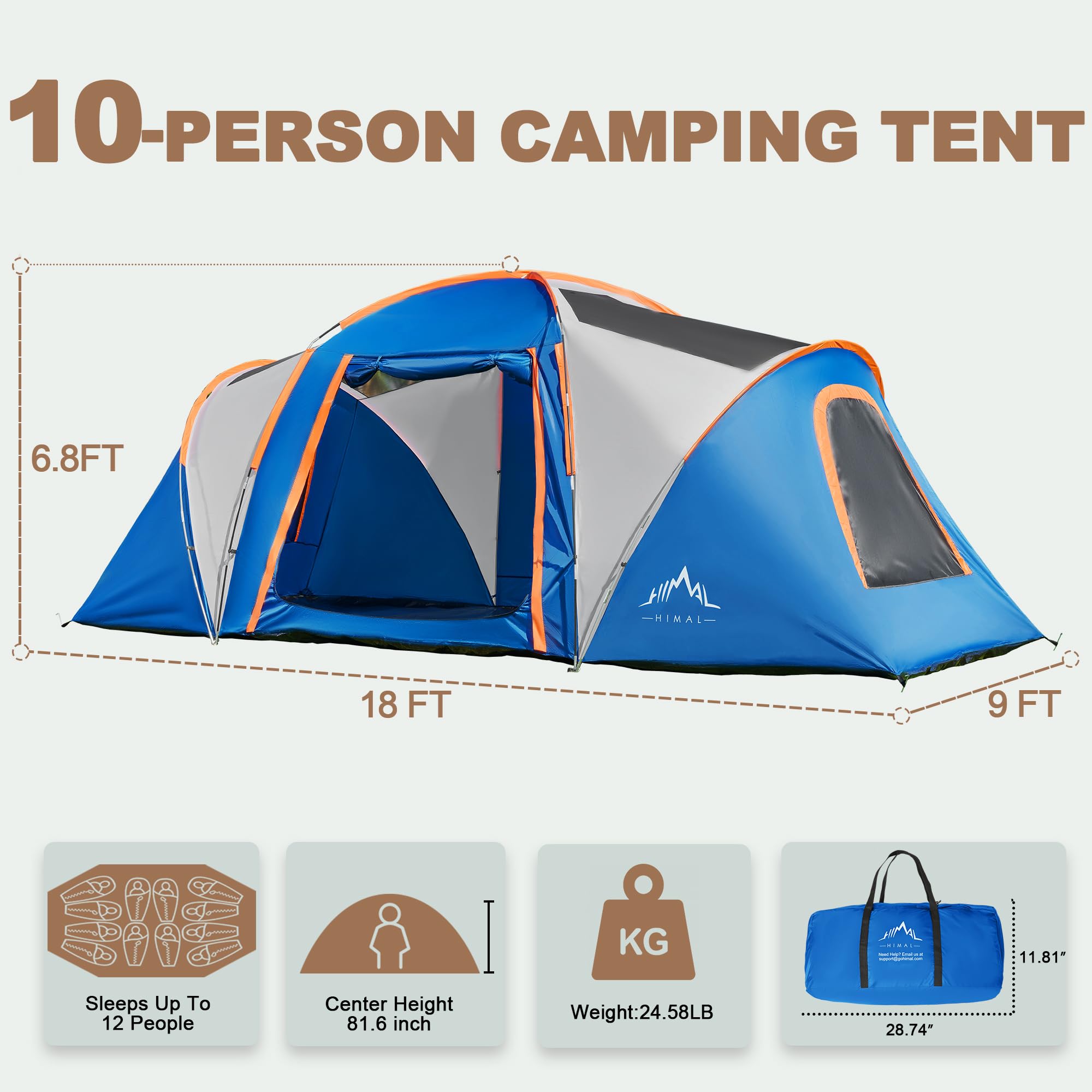 10-Person Family Camping Tent - Waterproof, Spacious 2-Room Design with 4 Large Mesh Windows | Double Layer, Easy Setup, Weather Resistant (18ft x 9ft x 6.8ft) | Perfect for Family Camping Trips, Music Festivals, and Outdoor Parties