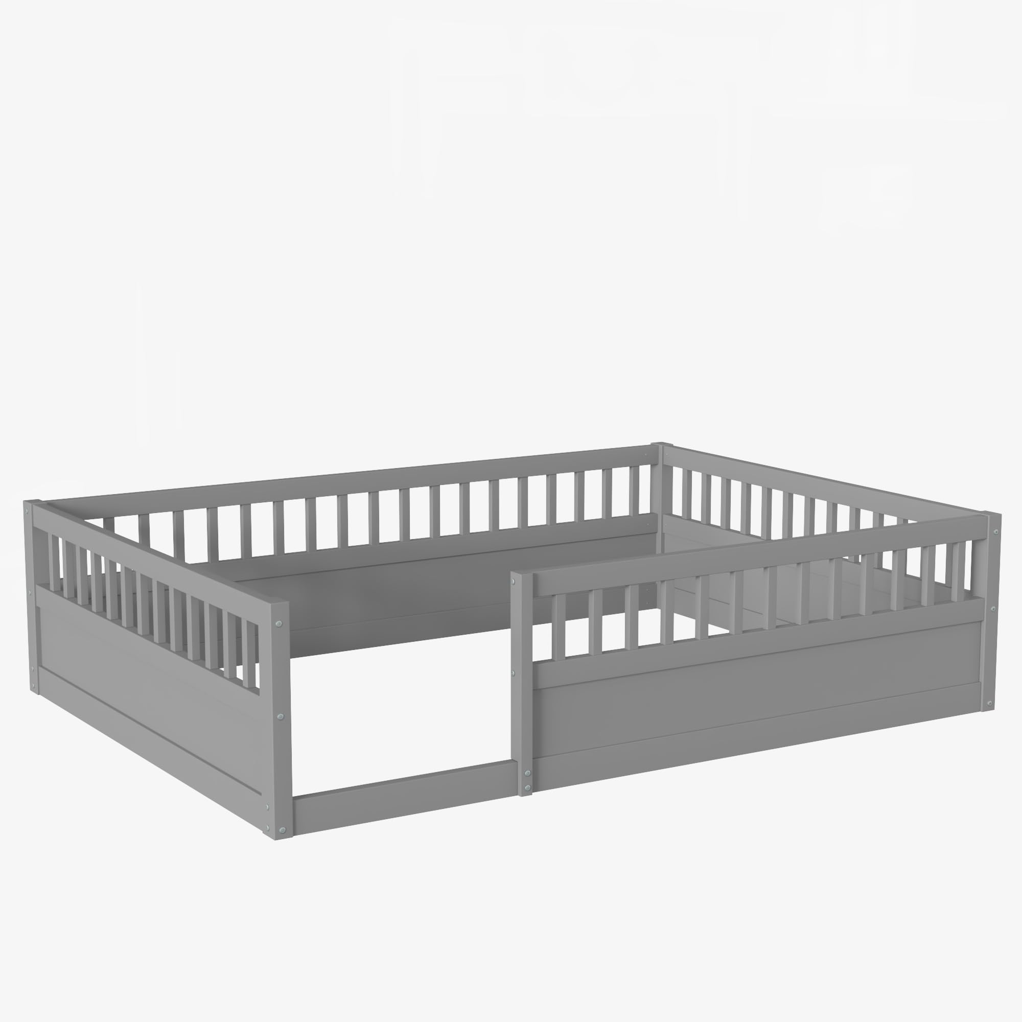 Montessori Floor Bed for Kids - Full Size Wooden Toddler Bed with Safety Fence | Gray Children's Bed Frame for Bedroom & Playroom | Safe Sleeping & Play Space for Toddlers 1-5 Years Old