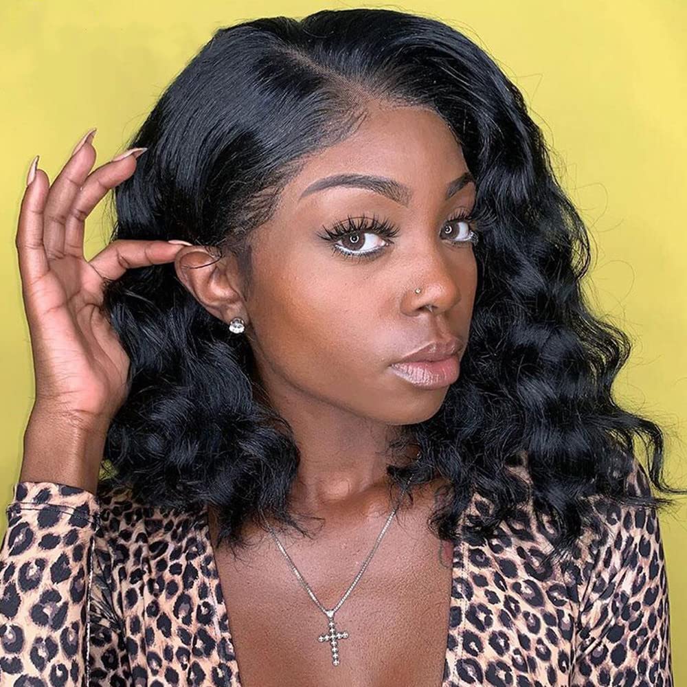 13x6 HD Invisible Lace Front Wig | Brazilian Remy Human Hair | Short Curly Bob with Deep Side Part | 150% Density 14 Inch | Glueless & Transparent Lace | Perfect for Daily Wear, Parties & Cosplay