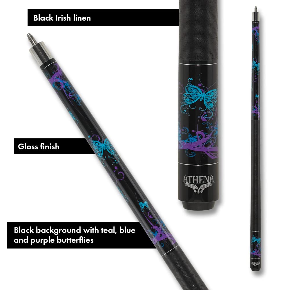Athena ATH44 Teal and Purple Butterflies Pool Cue Stick - Professional Billiards Accessory for Pool Halls, Game Rooms & Home Recreation