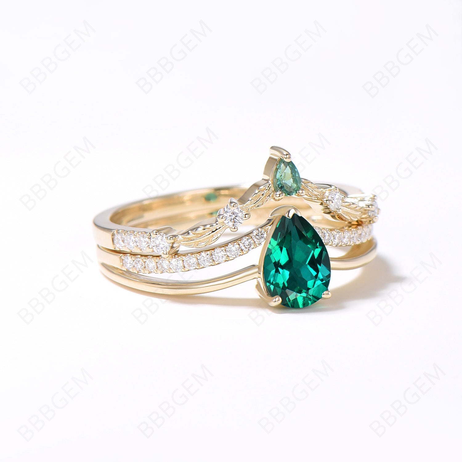 5x7mm Pear Shaped Emerald Bridal Ring Set - 14k Gold May Birthstone Ring with Diamond Accents, Unique Split Shank Branch Leaf Design for Wedding, Proposal Gift - Perfect for Engagement, Anniversary & Special Occasions
