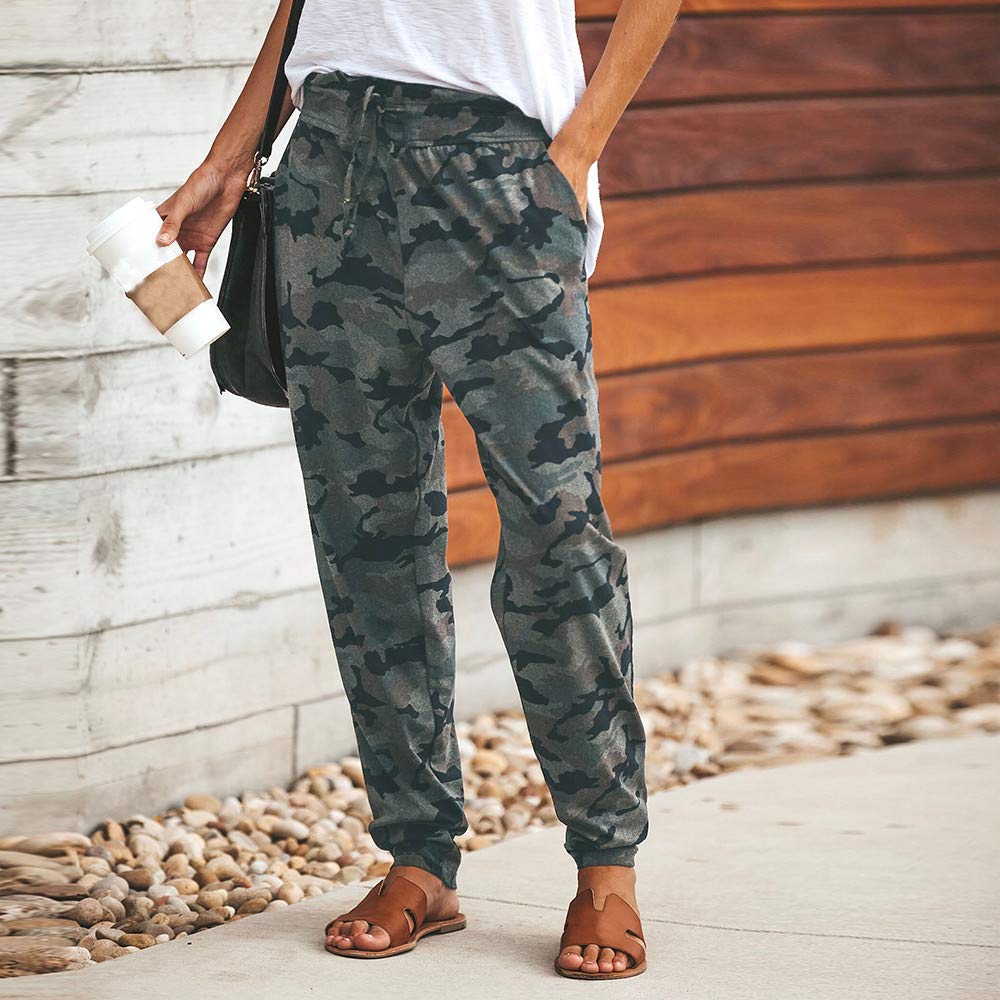 JOFOW Women's Camo Wide Leg Pants - High Waist Drawstring Strappy Casual Loose Long Straight Sweatpants for Yoga, Workout, Lounge & Streetwear Fashion
