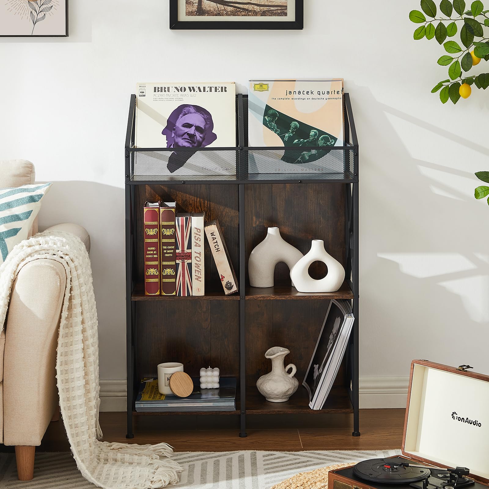 6 Grids Vinyl Record Storage Rack - Wooden Display Shelf for Albums, Books, Magazines & Files - Perfect for Living Room, Bedroom & Home Office Organization - Patent Pending