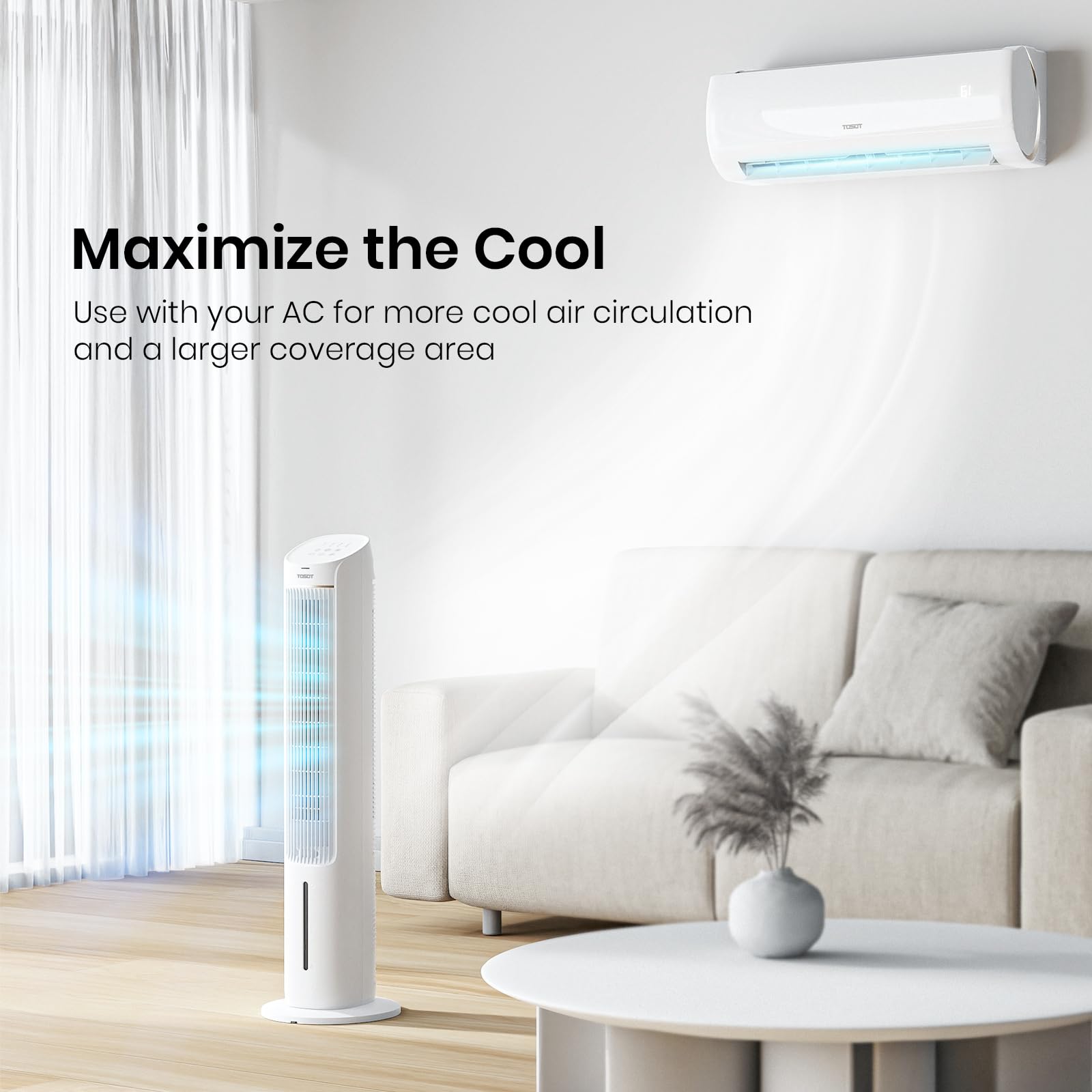 TOSOT 80° Oscillating Tower Fan with Remote Control - 3 Speed Quiet Cooling Fan, 360m³/h CFM, 7-Hour Timer & 4L Removable Water Tank Humidifier - Includes 2 Ice Packs for Extra Cooling - Perfect for Bedroom, Living Room & Office Use
