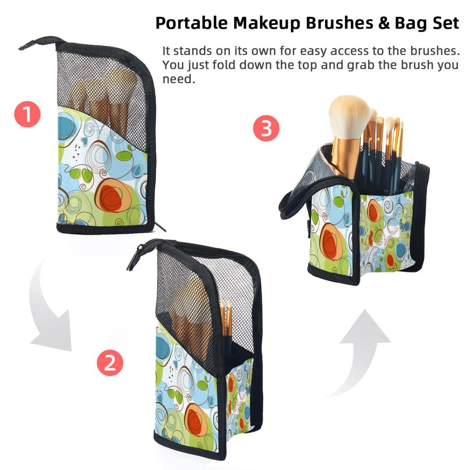 12-Piece Makeup Brush Set with Geometric Abstract Swirl Organizer Bag - Portable Brush Holder Case for Travel & Professional Makeup Artists