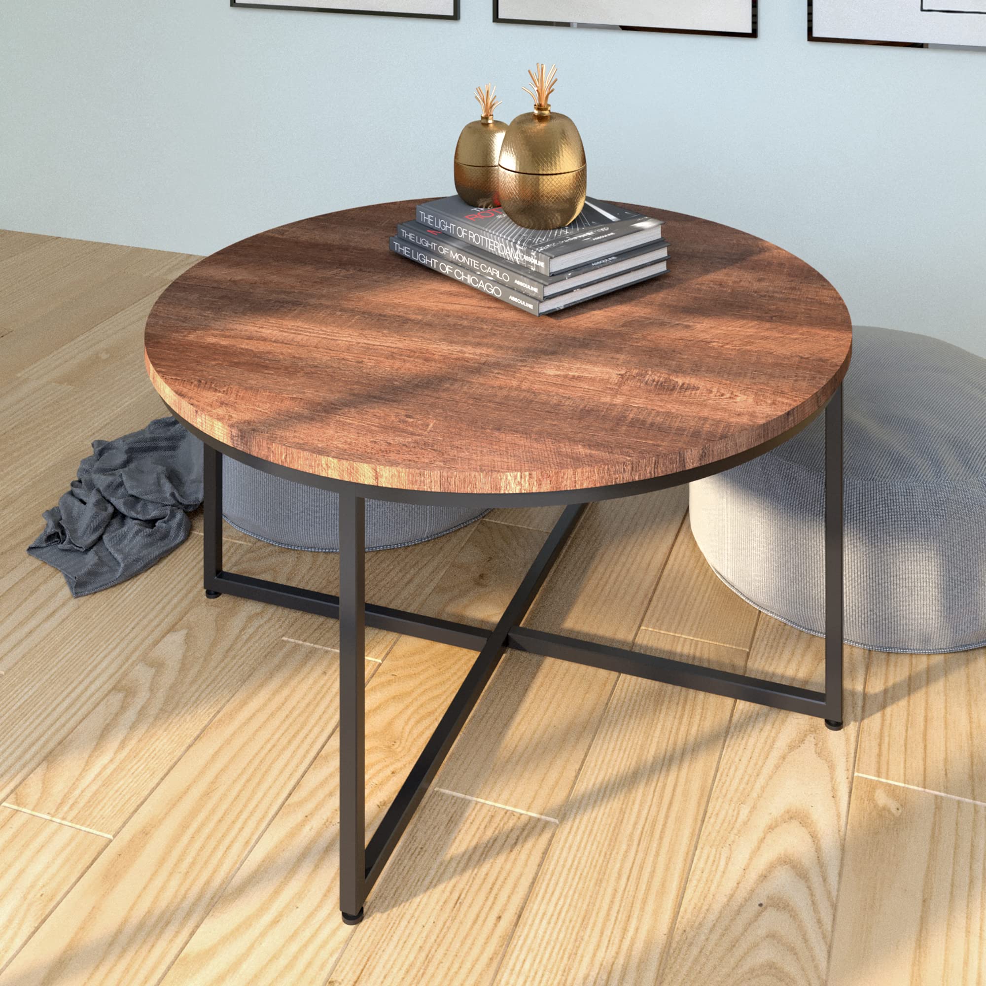 Rustic Round Coffee Table with Wood Top and Metal Frame - Brown Farmhouse Style for Living Room, Balcony, Home Office - Perfect for Coffee, Books & Decor