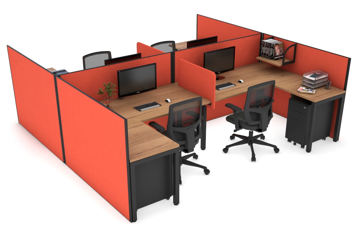 Quadro Square Legs 4-Person Corner Workstation - H Configuration Black Frame (1600L x 1800W with Cable Scallop) | Office & Conference Room Furniture for Collaborative Workspaces