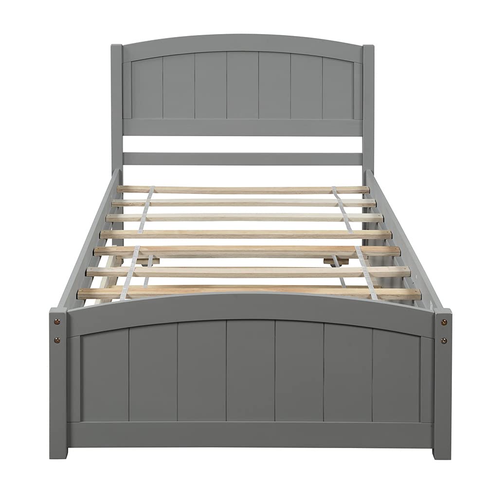 Twin Size Wood Platform Bed with Trundle, Headboard & Footboard - Easy Assembly Gray Wooden Bed Frame | Perfect for Kids Rooms, Guest Bedrooms & Small Spaces