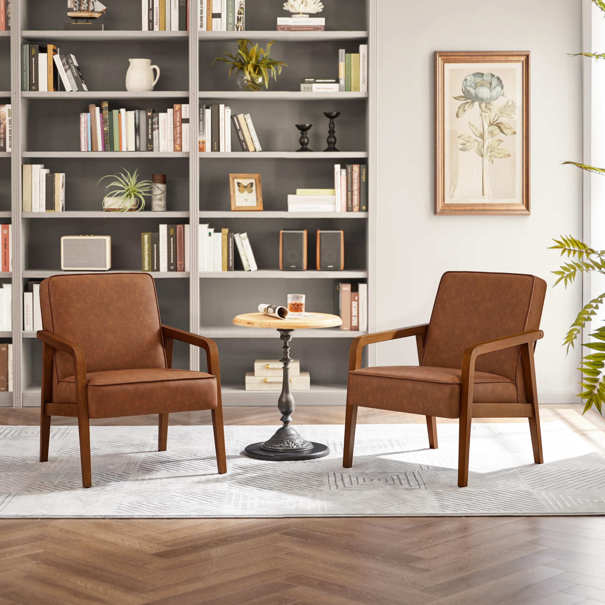 Yaheetech Mid Century Modern Accent Chair - PU Leather Reading Armchair with Solid Wood Frame for Living Room, Bedroom, Office - Light Brown - Perfect for Relaxing, Reading & Home Decor (2-Piece Set)