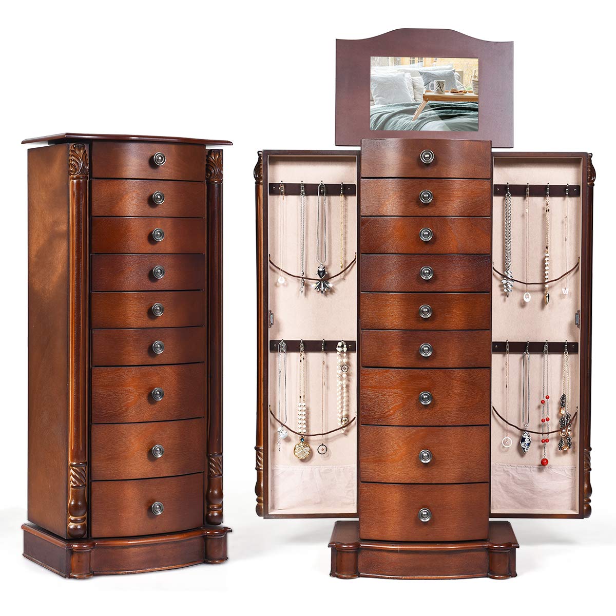 GOFLAME Jewelry Armoire Cabinet with Flip Mirror - Wooden Jewelry Storage Organizer with 8 Drawers & 2 Side Doors - Large Jewelry Box for Necklaces, Rings, Earrings - Perfect for Bedroom, Closet & Dressing Room (Walnut)