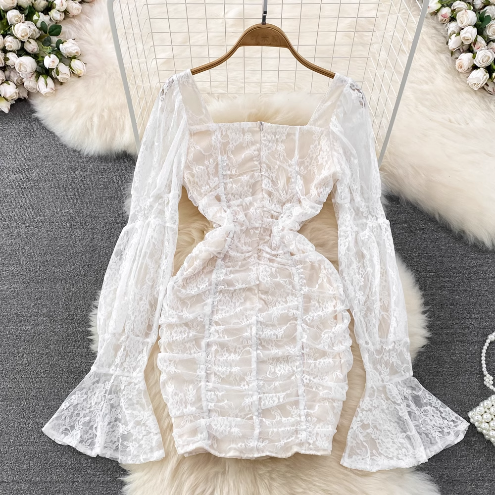 Korean Style Autumn Square Collar Lace Long Sleeve Sheath Mini Dress 1469 | Elegant Fall Office Wear & Date Night Outfit