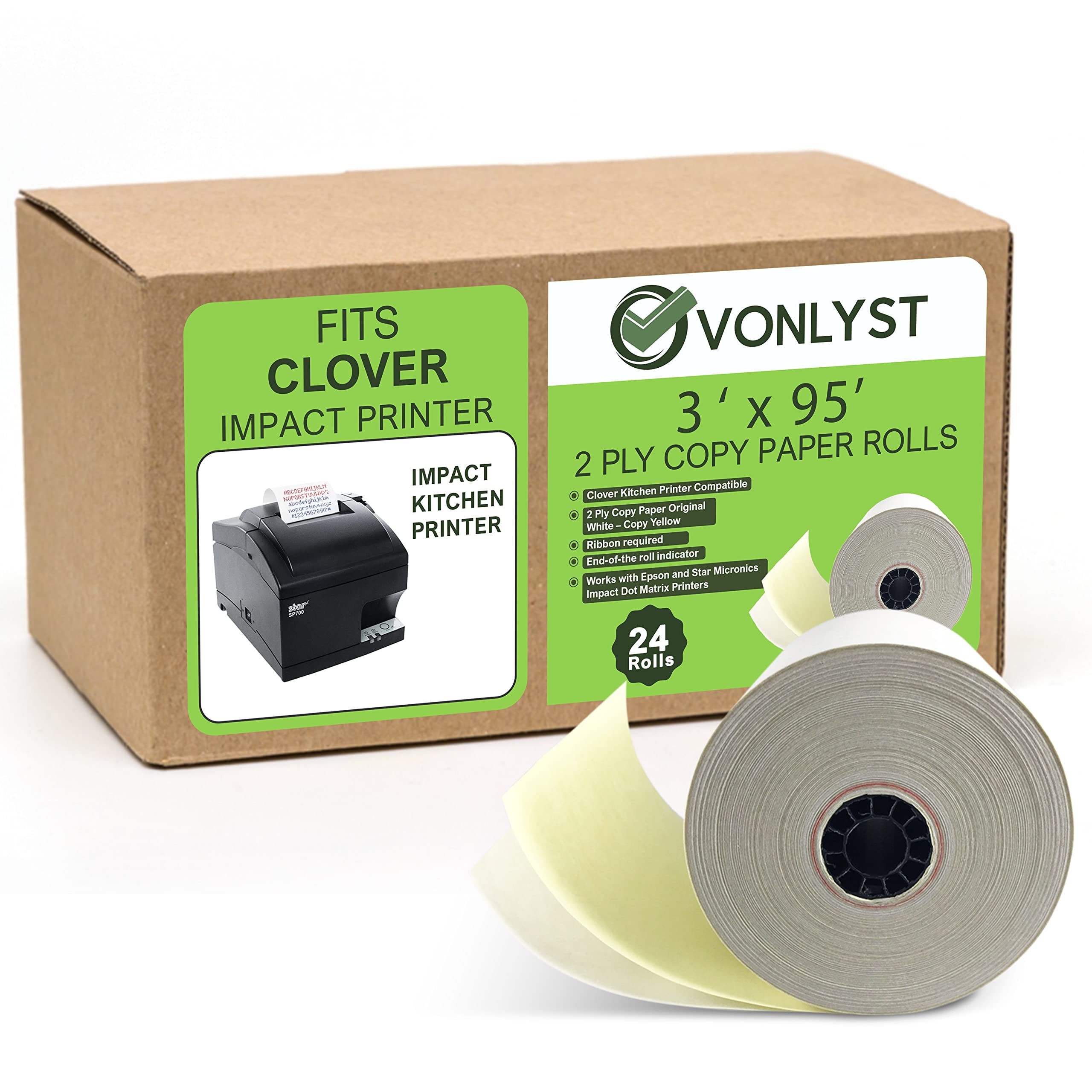 Clover Kitchen Printer Paper - 24 Rolls of 3x95 White/Canary Two-Ply Carbonless Copy Paper for Restaurant Receipts & Order Tickets | Perfect for POS Systems, Food Trucks & Commercial Kitchens