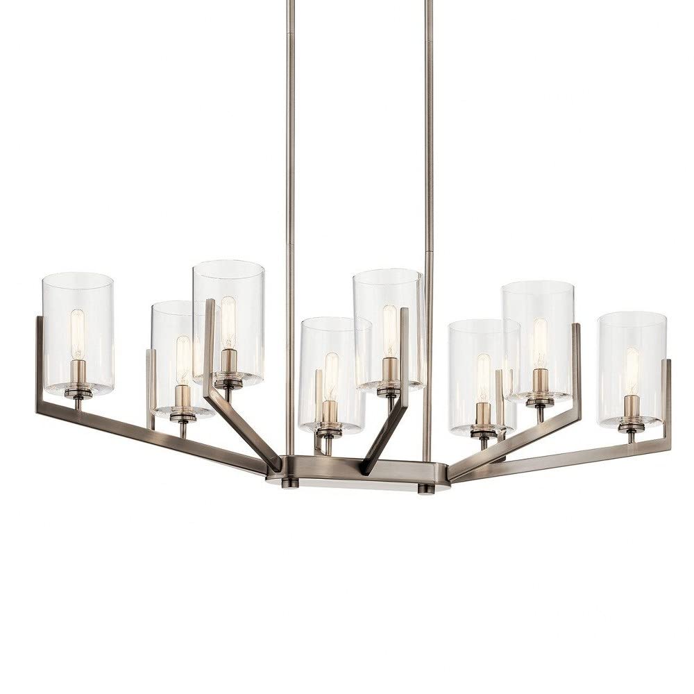 8-Light Modern Square Tube Chandelier with Clear Glass Shades - Brushed Natural Brass Finish - Perfect for Dining Room, Living Room or Bedroom Lighting