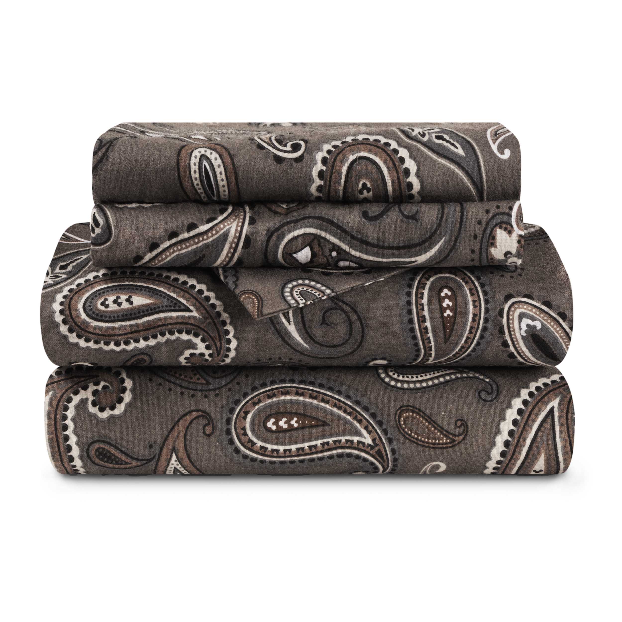 Soft Flannel Cotton Floral Paisley Bed Sheet Set - Queen Size, Deep Pocket Fitted Sheet, Flat Sheet & Pillowcases - Cozy Winter Bedding for Cold Nights (Use in Bedrooms, Guest Rooms, Dorms, RVs)