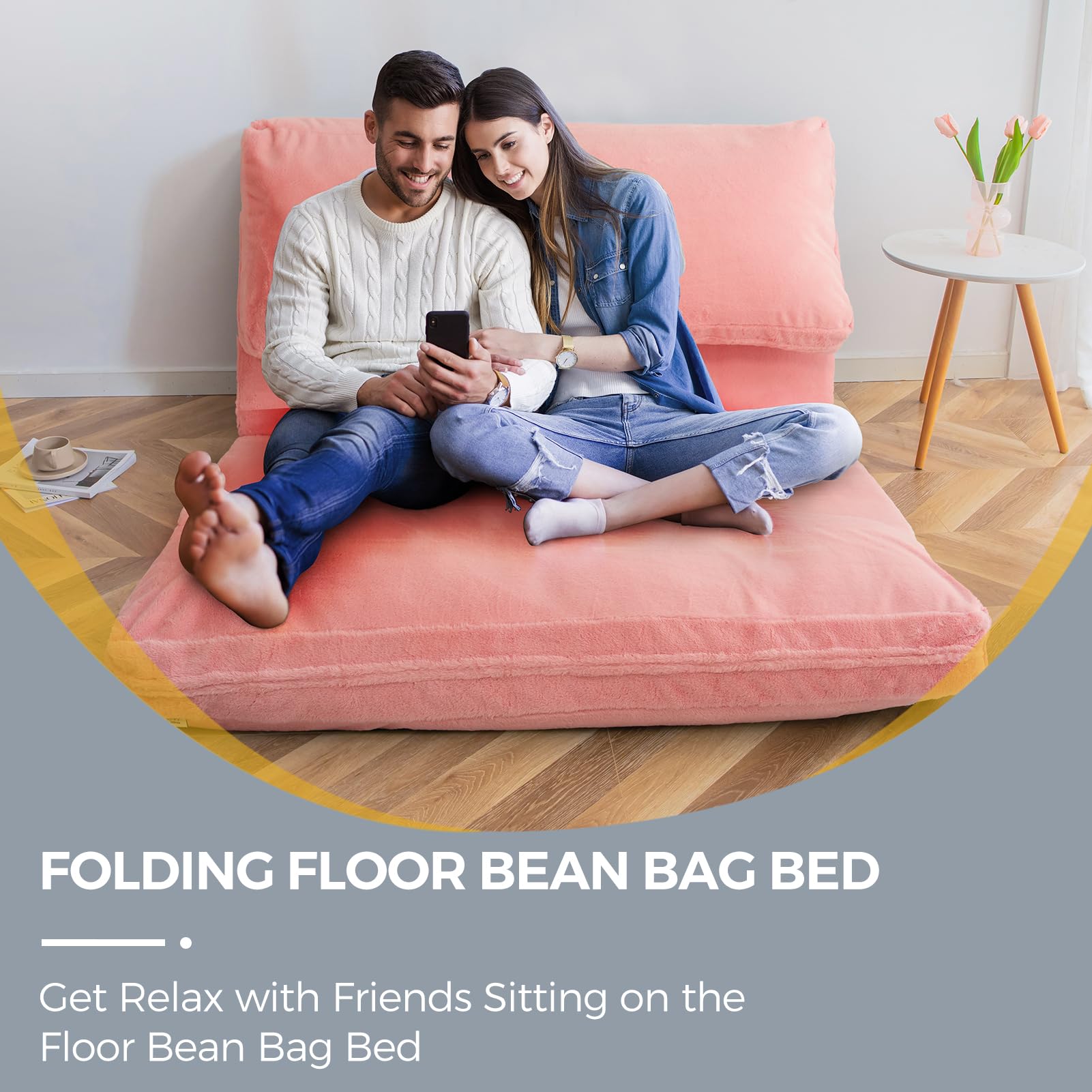 MAXYOYO Extra Thick Bean Bag Bed - 54x95 Inch Folding Sofa Bed with Washable Faux Fur Cover | Comfortable Floor Mattress for Adults | Perfect for Bedroom, Living Room & Guest Room (Pink)