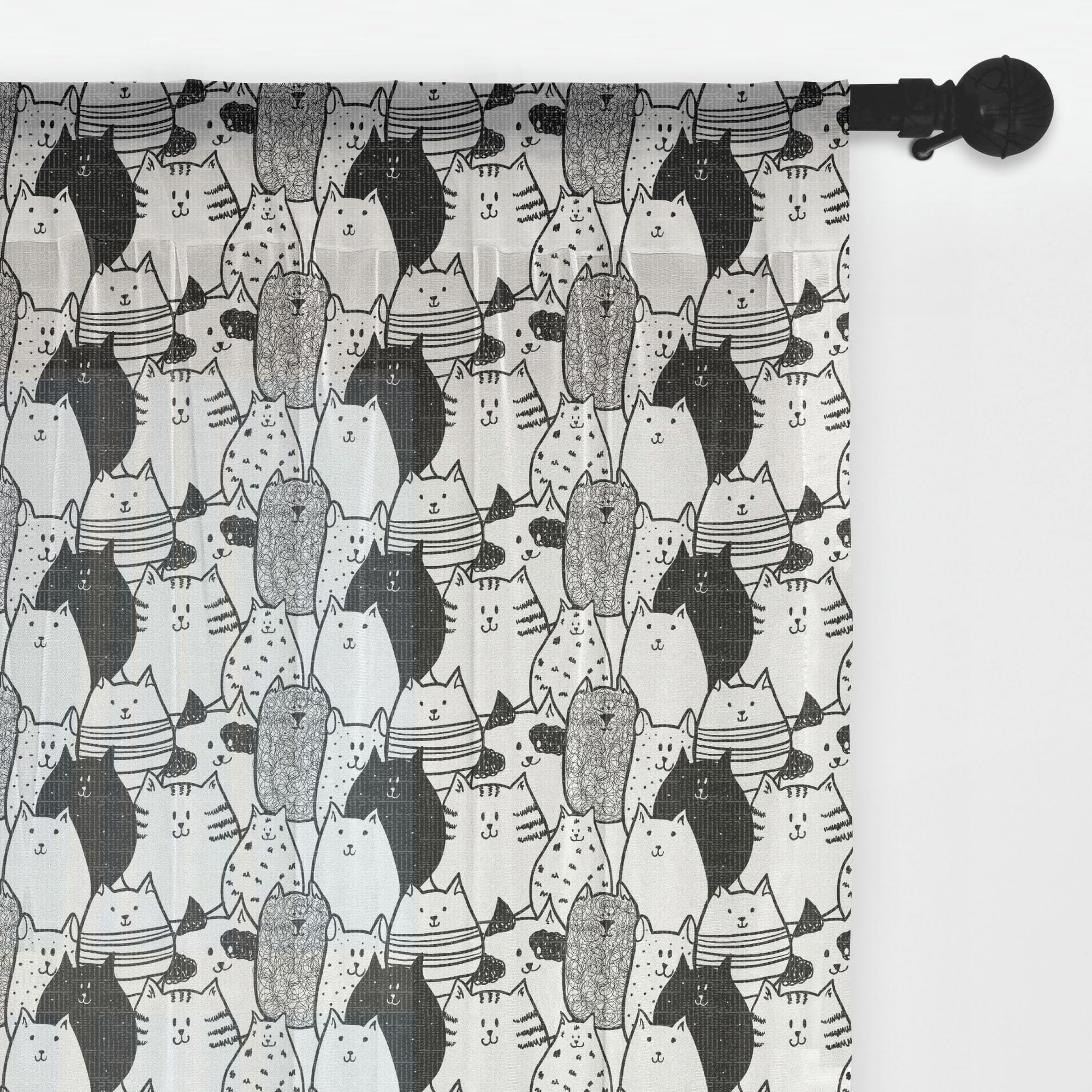 Ambesonne Black and White Cat Tulle Curtains - Monochrome Hand Drawn Animal Design, Rod Pocket Sheer Drapes for Living Room & Bedroom (108