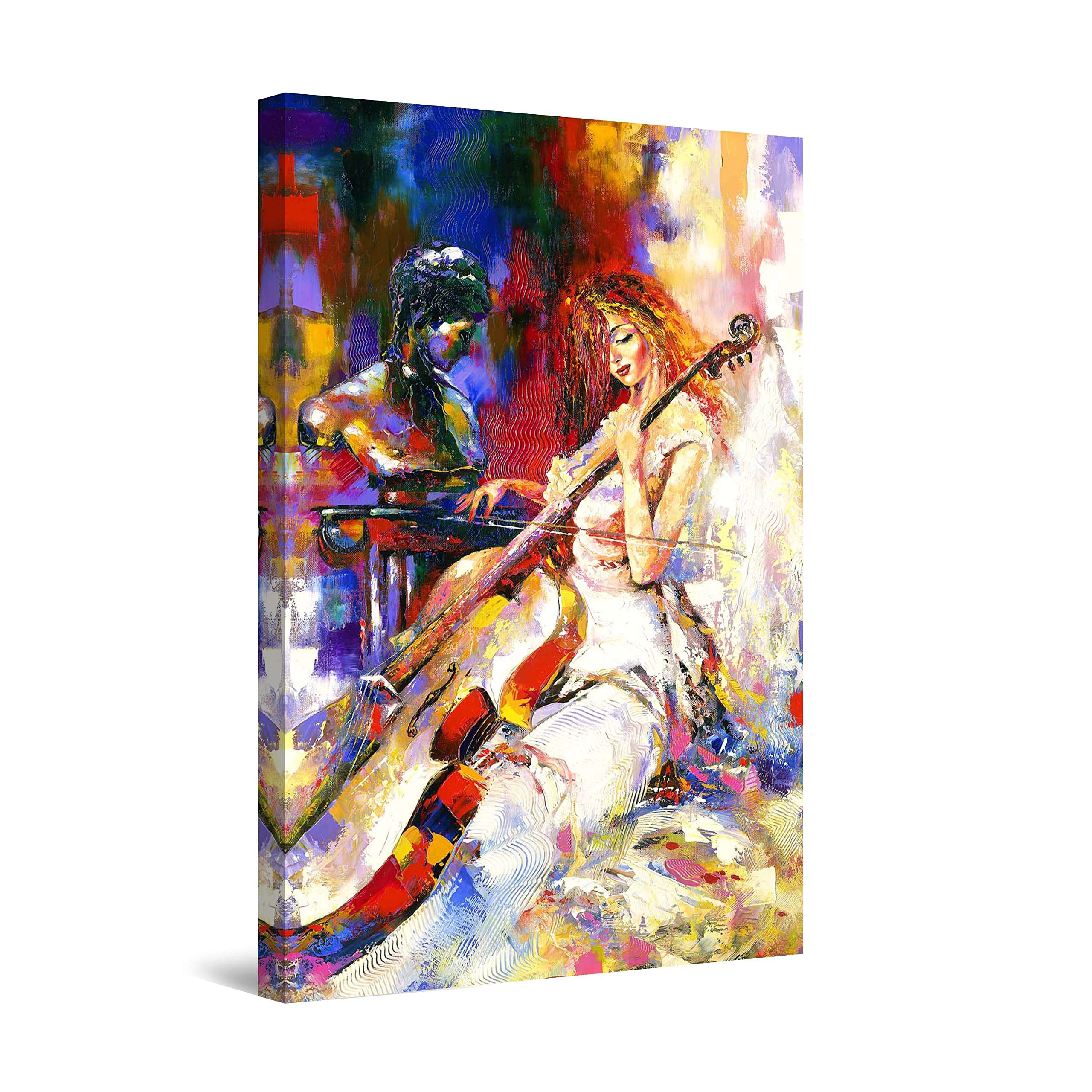 Startonight Wall Art Canvas - Elegant Woman Playing Cello Music Painting, Colorful Modern Stretched Print, Ready to Hang Home Decor (24x36 Inch) - Perfect for Bedroom, Living Room & Office - Unique Gift for Musicians & Art Lovers