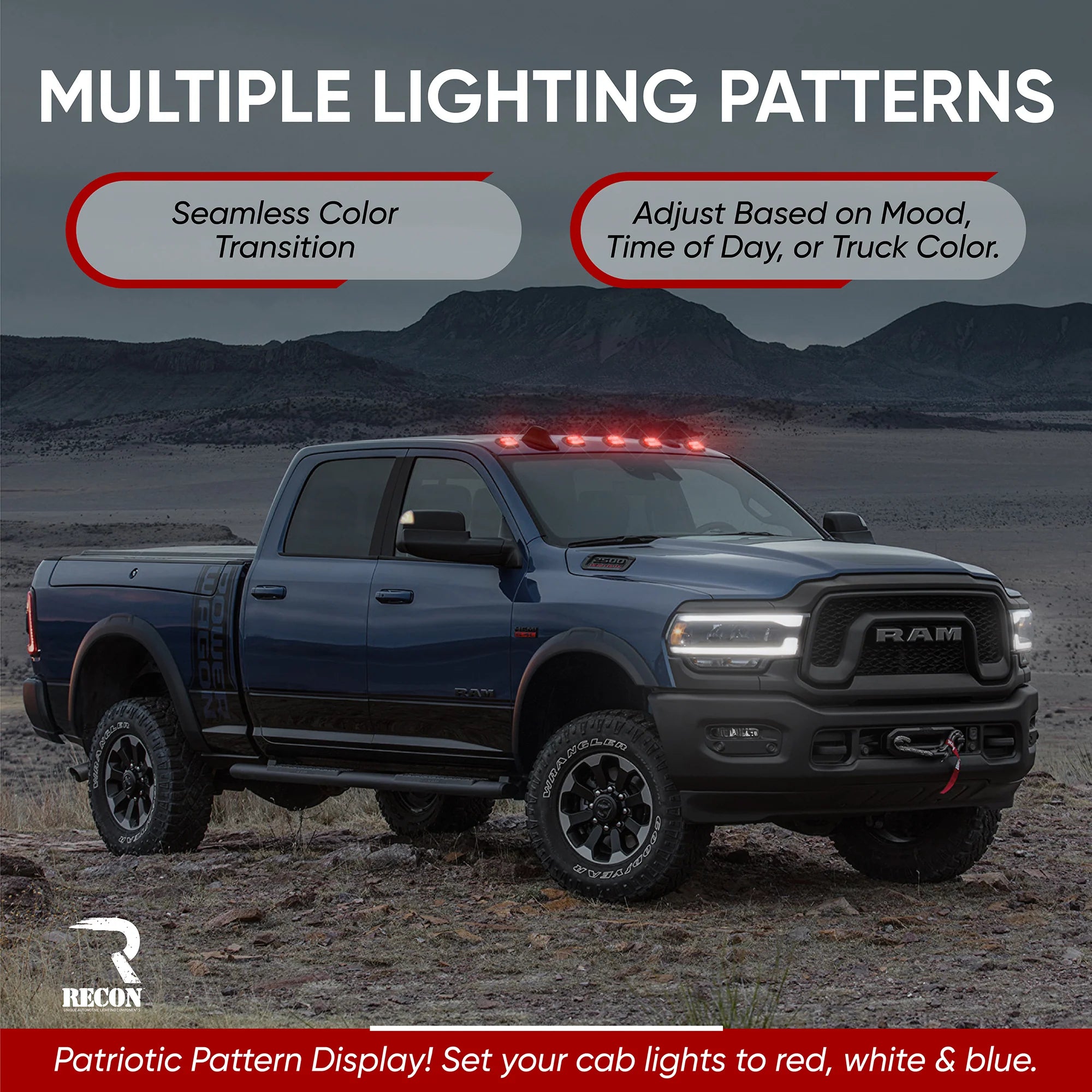 Dodge RAM 2500/3500 5-Piece RGB LED Cab Roof Lights with Bluetooth App Control - Ultra Bright Multi-Color Replacement for Factory/OEM Cab Lights (Multiple Lens Options) - Perfect for Off-Roading, Night Driving & Truck Customization