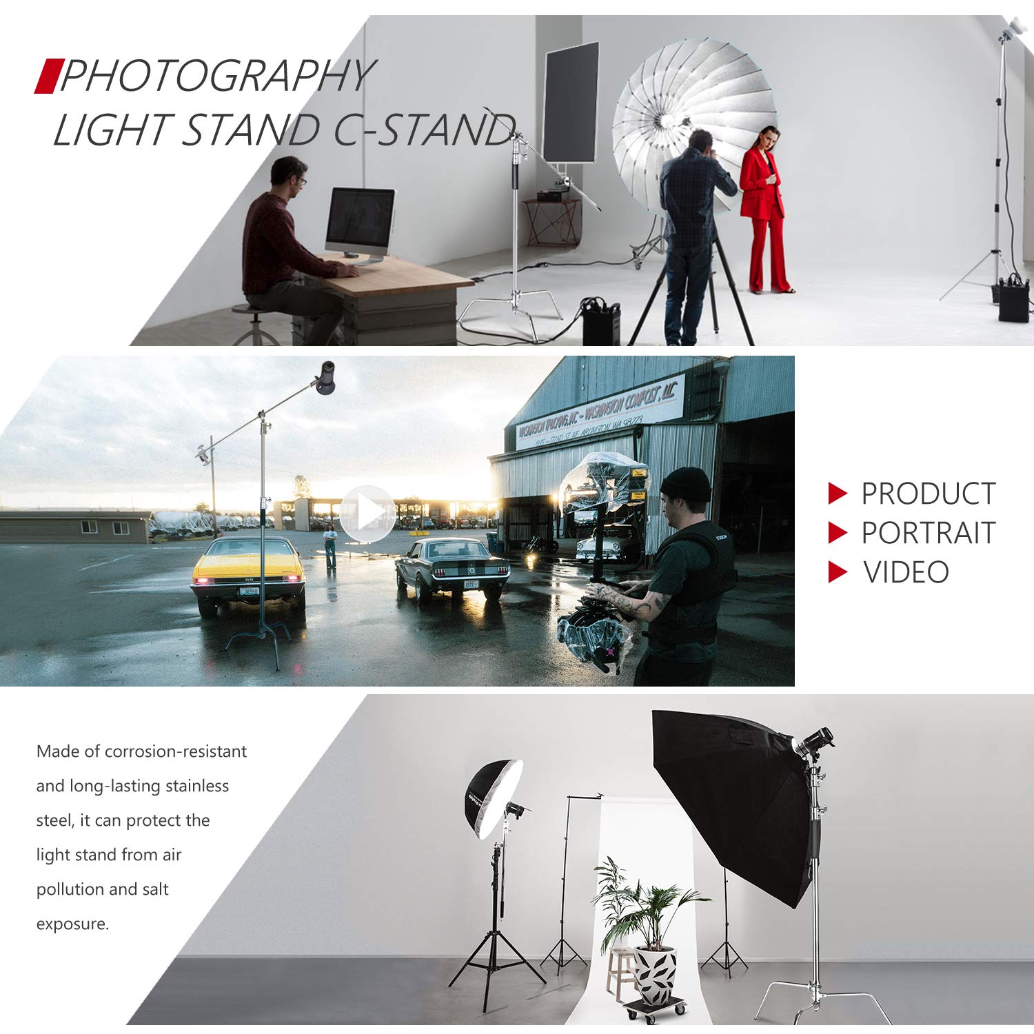 Neewer 10ft/3m Adjustable Heavy Duty C-Stand with 4ft/1.2m Boom Arm - Professional Photography Light Stand Kit Includes 2 Grip Heads & Carry Bag for Studio Lighting, Reflectors, Umbrellas, Monolights - Perfect for Portrait, Product, and Video Shooting