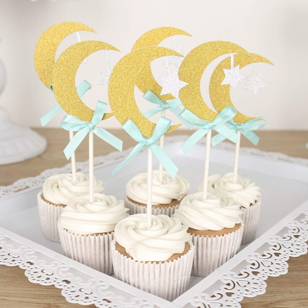 30Pcs Gold Moon & Silver Star Glitter Cupcake Toppers with Blue Bowknot - Cake Decorations for Birthday Party, Baby Shower, Gender Reveal, Wedding, Eid Mubarak - Perfect for Festive Celebrations and Special Occasions