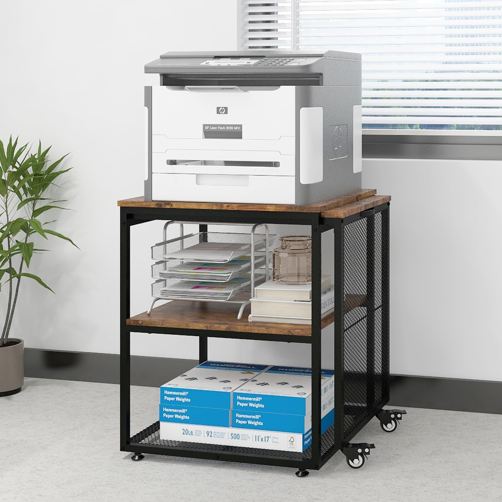 Natwind 24x20x29 Inch Large Printer Stand with Storage Shelves - Extendable Craft Table for Home Office, Kitchen, Study & Living Room - Retro Style Multi-Purpose Desk for Work, Organization & DIY Projects