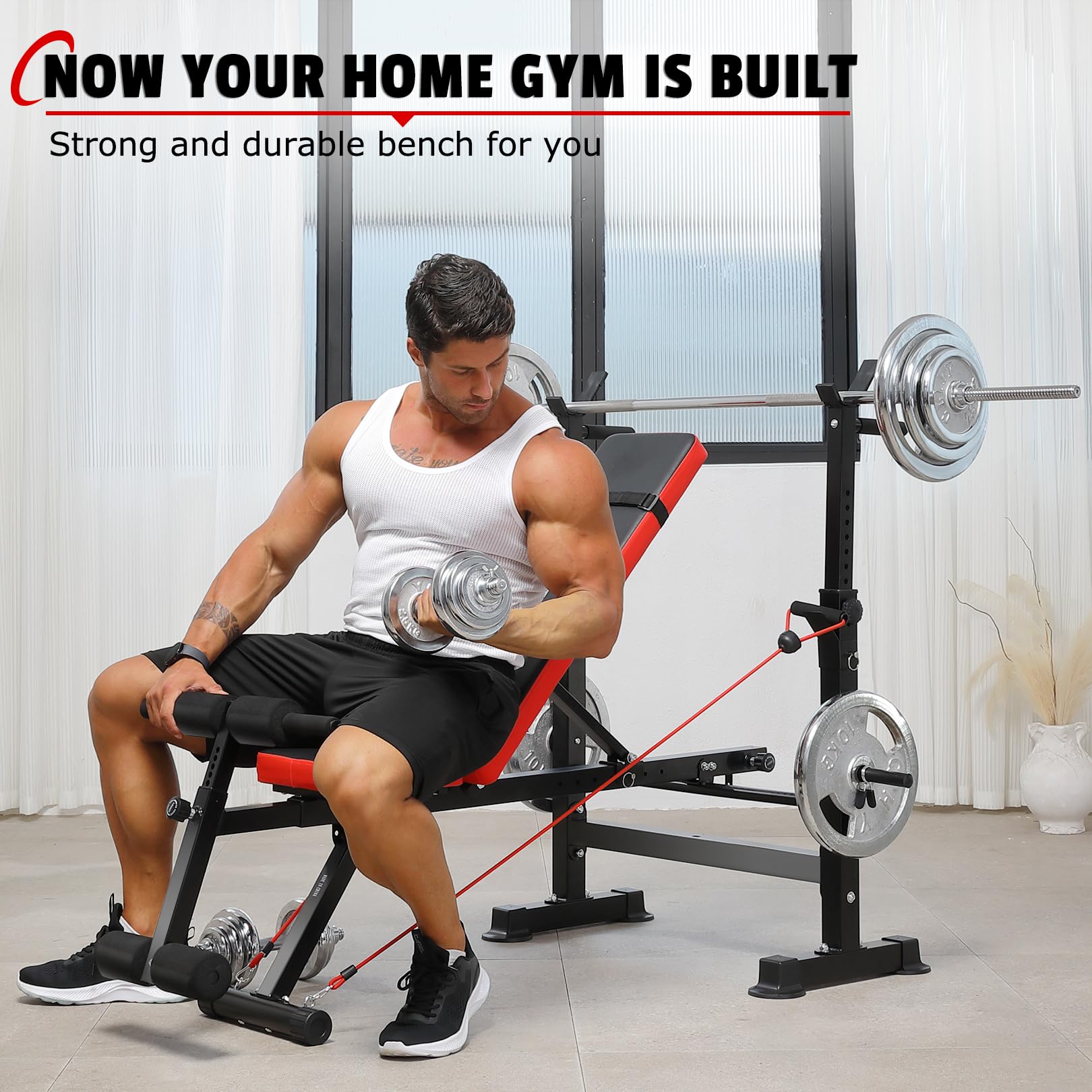 OPPSDECOR 600lbs 6-in-1 Weight Bench Set with Squat Rack - Foldable Adjustable Bench Press for Home Gym - Removable Foot Catch & Multi-Functional Workout Equipment for Strength Training & Fitness