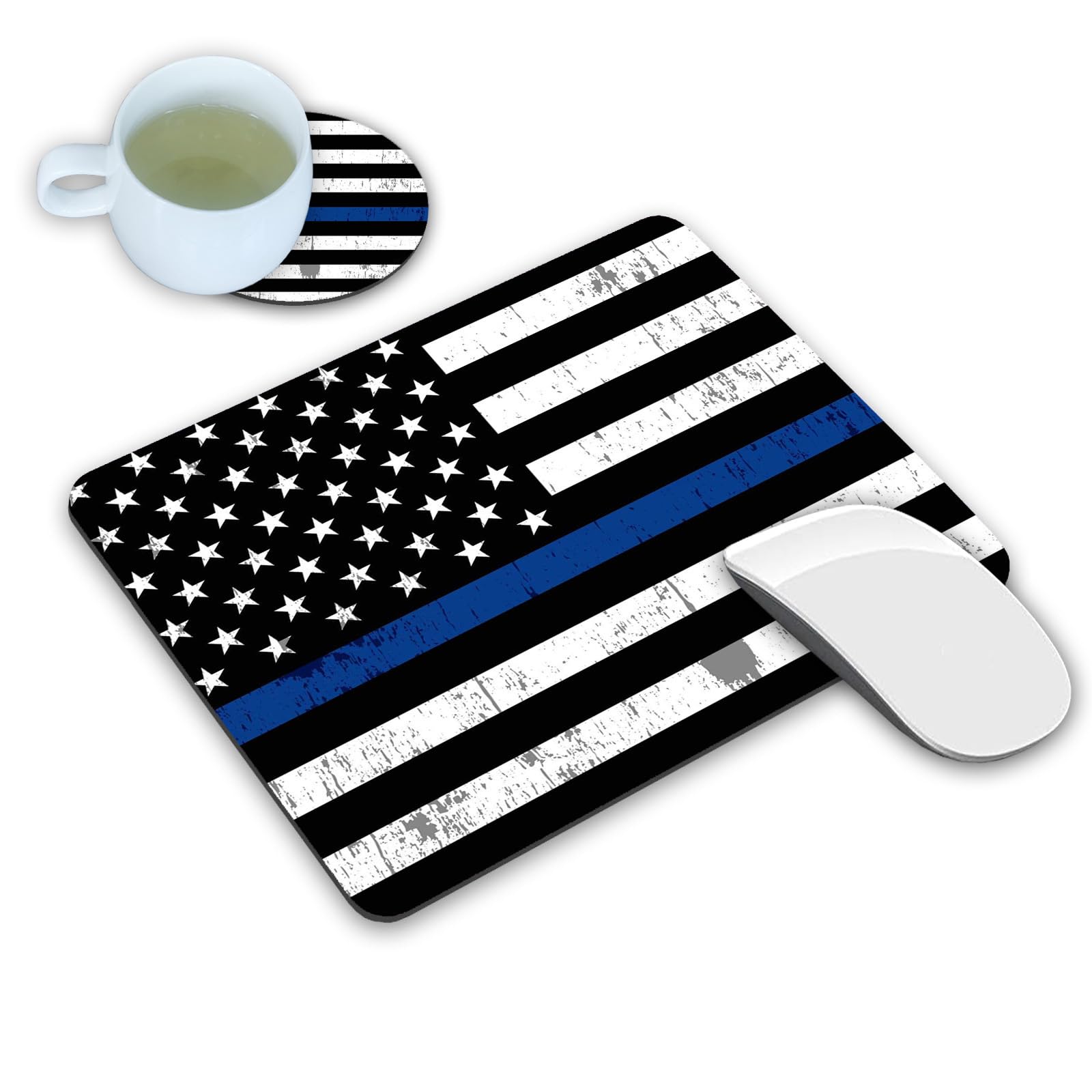 Thin Blue Line American Flag Mouse Pad & Coasters Set - Non-Slip Rubber Base Rectangle Mouse Pad for Laptop, Computer & Office Use - Perfect for Police Supporters, Patriotic Gifts & Home Office Accessories