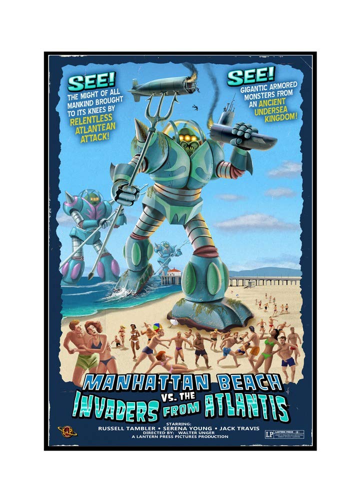 Atlantean Invaders Framed Canvas Wall Art - 24x36 Stretched Gallery Wrapped Painting - California Beach Scene Decor - Perfect for Living Room, Bedroom or Office Wall Decor