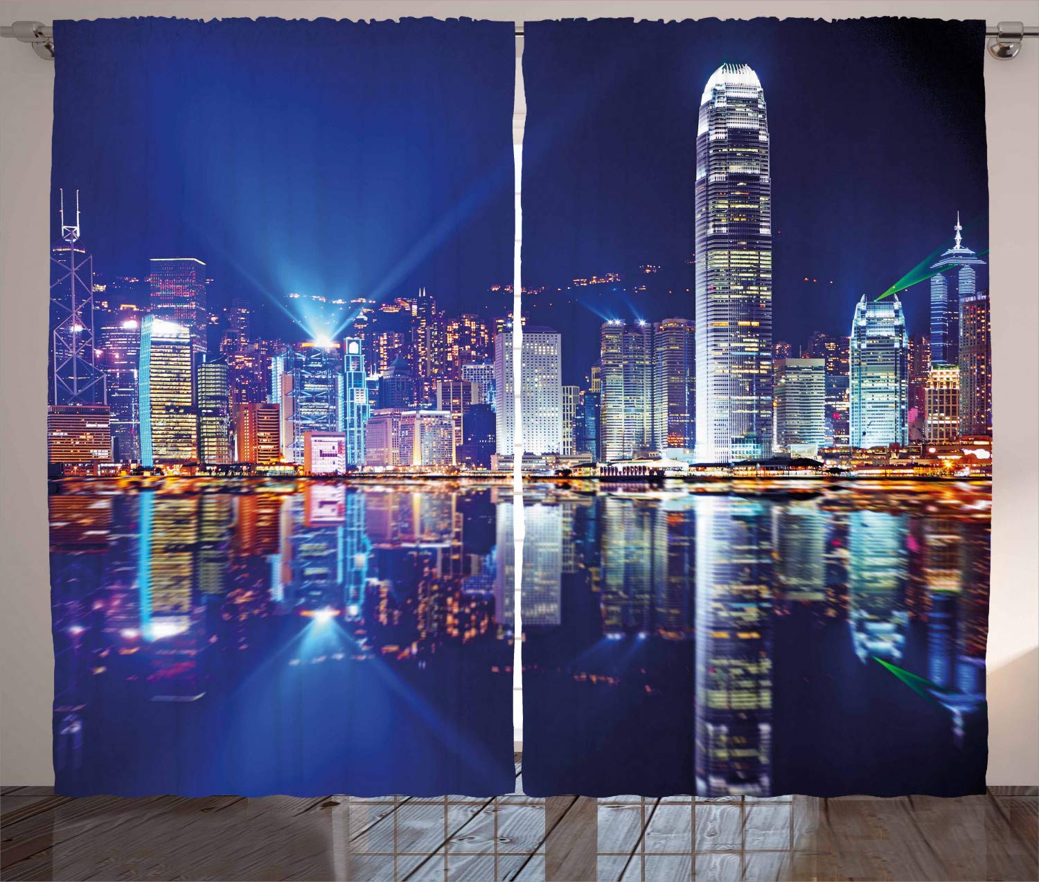 Ambesonne Hong Kong Skyline Curtains - Modern Cityscape Design with Kowloon Water Reflection, Royal Blue Orange White Window Drapes (2 Panels, 108x90 Inches) for Living Room & Bedroom Decor | Perfect for Urban Apartment, Office or Asian-Themed Interior Design