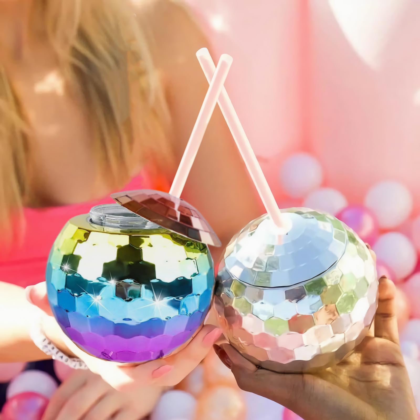 25-Pack 20oz Disco Ball Cups with Lids & Reusable Straws - Rainbow Glitter Party Cups for Cocktails, Wine, Tea & Drinks - Perfect for Nightclubs, Bars, Birthday Parties & Themed Events