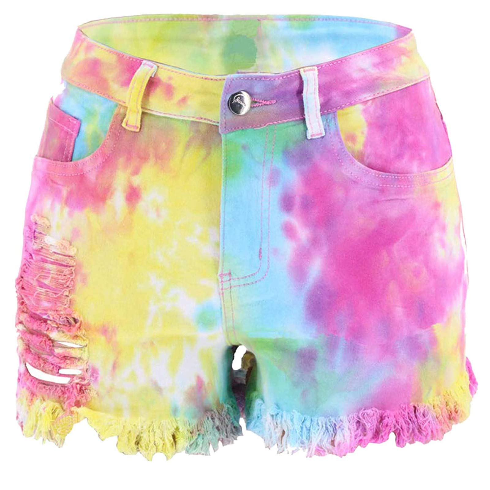 Trendy Women's High Waisted Tie Dye Denim Shorts - Distressed Raw Hem Ripped Jean Shorts for Casual Wear & Y2K Aesthetic | Perfect for Beach Outings, Summer Vacations & Street Style Fashion