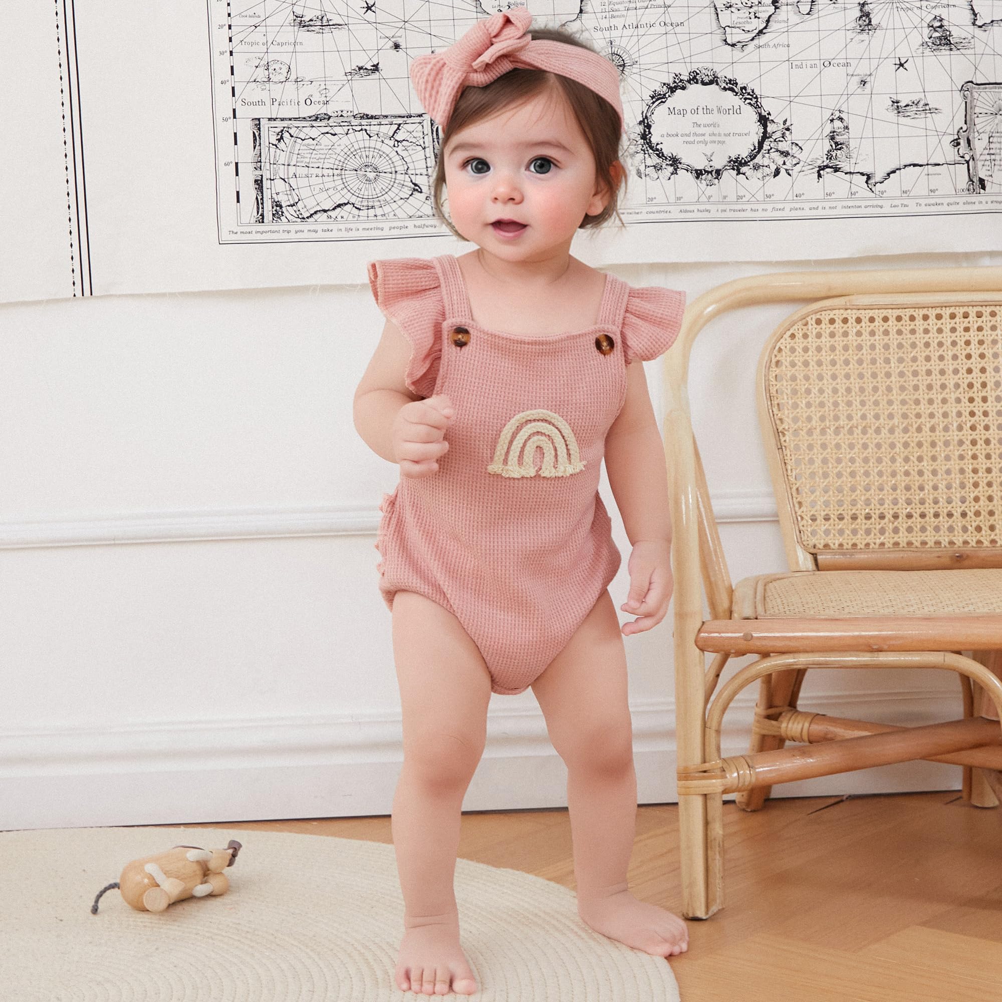 Boho Rainbow Baby Girl Clothes - Newborn Infant Ruffled Sleeveless Romper with Headband Outfit | Cute Summer Outfit for Photoshoot, Birthday Party & Playdate