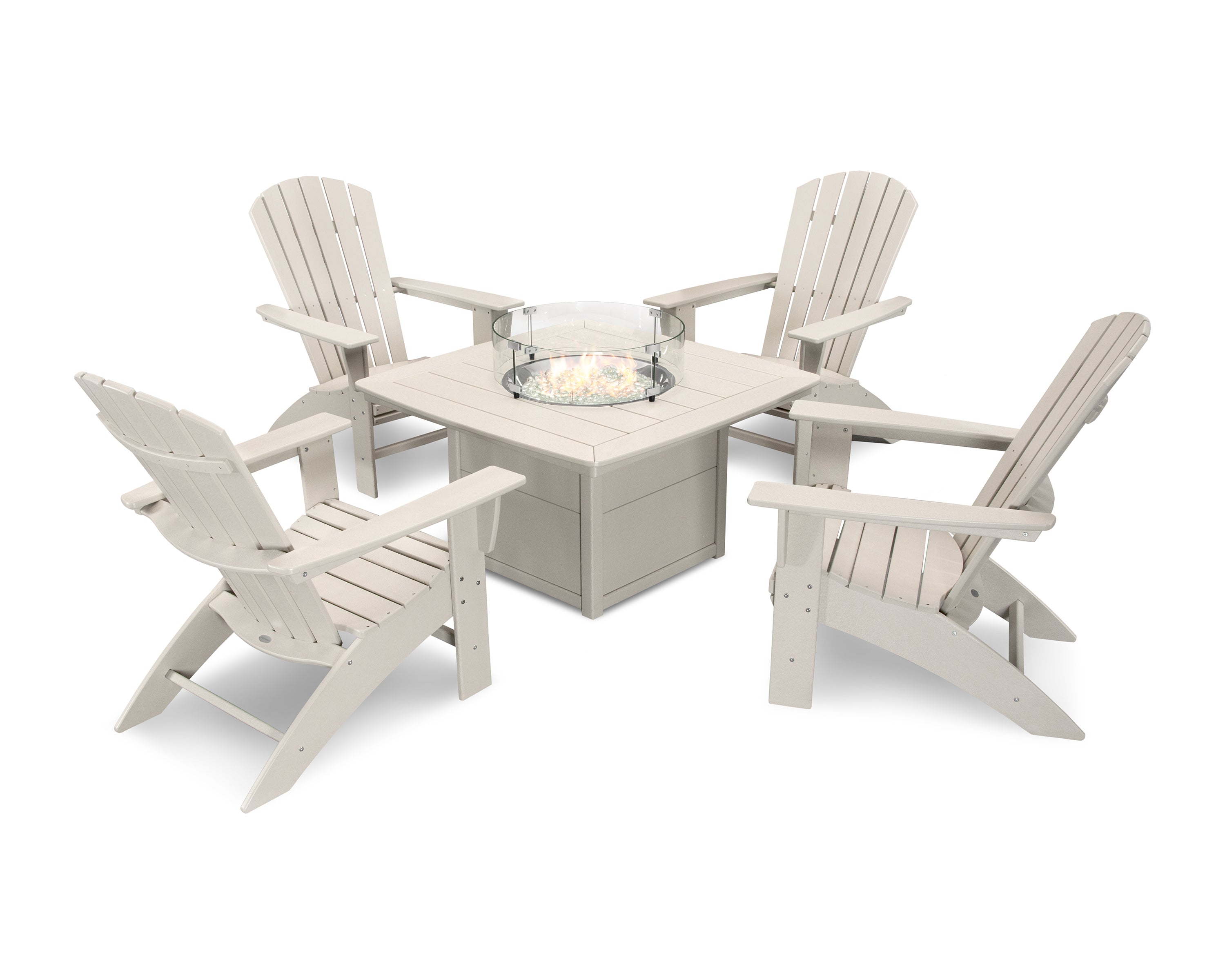 POLYWOOD Nautical Curveback Adirondack 5-Piece Outdoor Conversation Set with Fire Pit Table - Perfect for Patio, Deck, Poolside & Backyard Relaxation