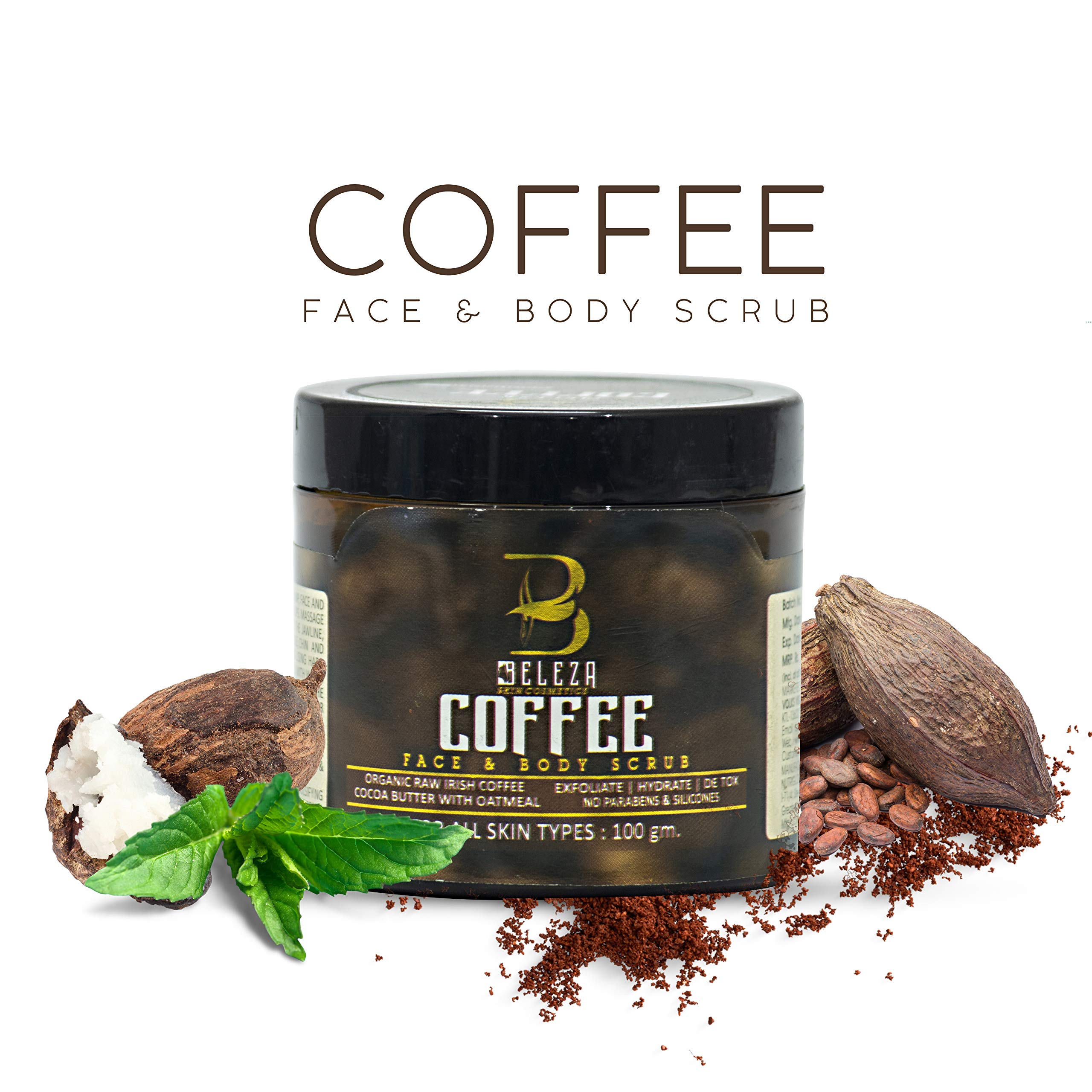 Beleza Professional COFFEE Face & Body Scrub 100g - Organic Raw Irish Coffee Beans for Deep Skin Cleansing - Exfoliating Scrub for Women & Men - Perfect for Spa Day & At-Home Skincare Routine