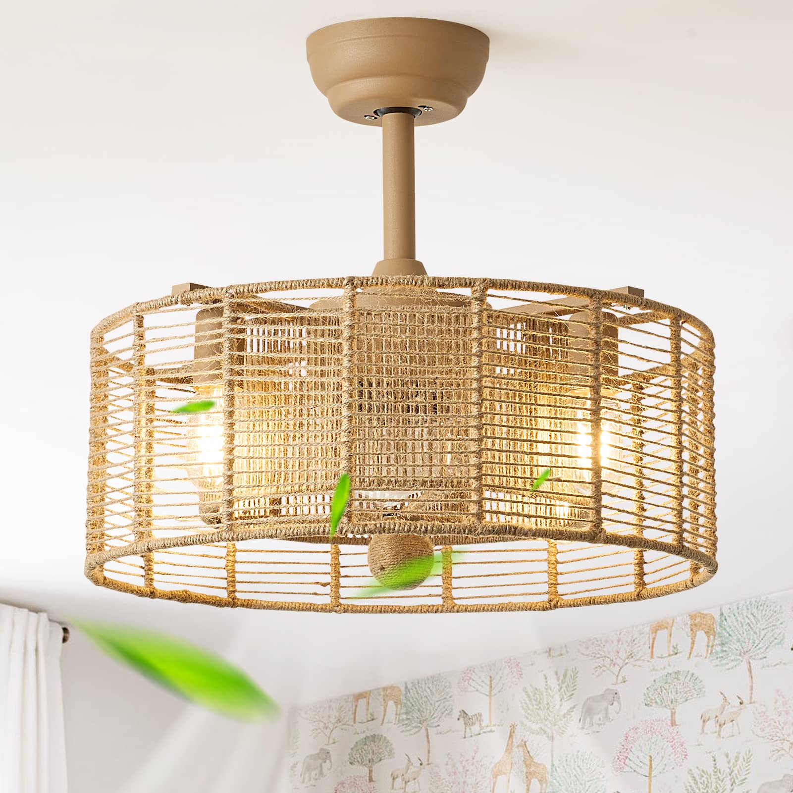 20 Inch Boho Ceiling Fan with Lights and Remote Control - Modern Caged Fandelier with 6 Speed Settings - Rattan Chandelier Style for Bedroom, Living Room, Study Room - Perfect for Home Decor and Air Circulation