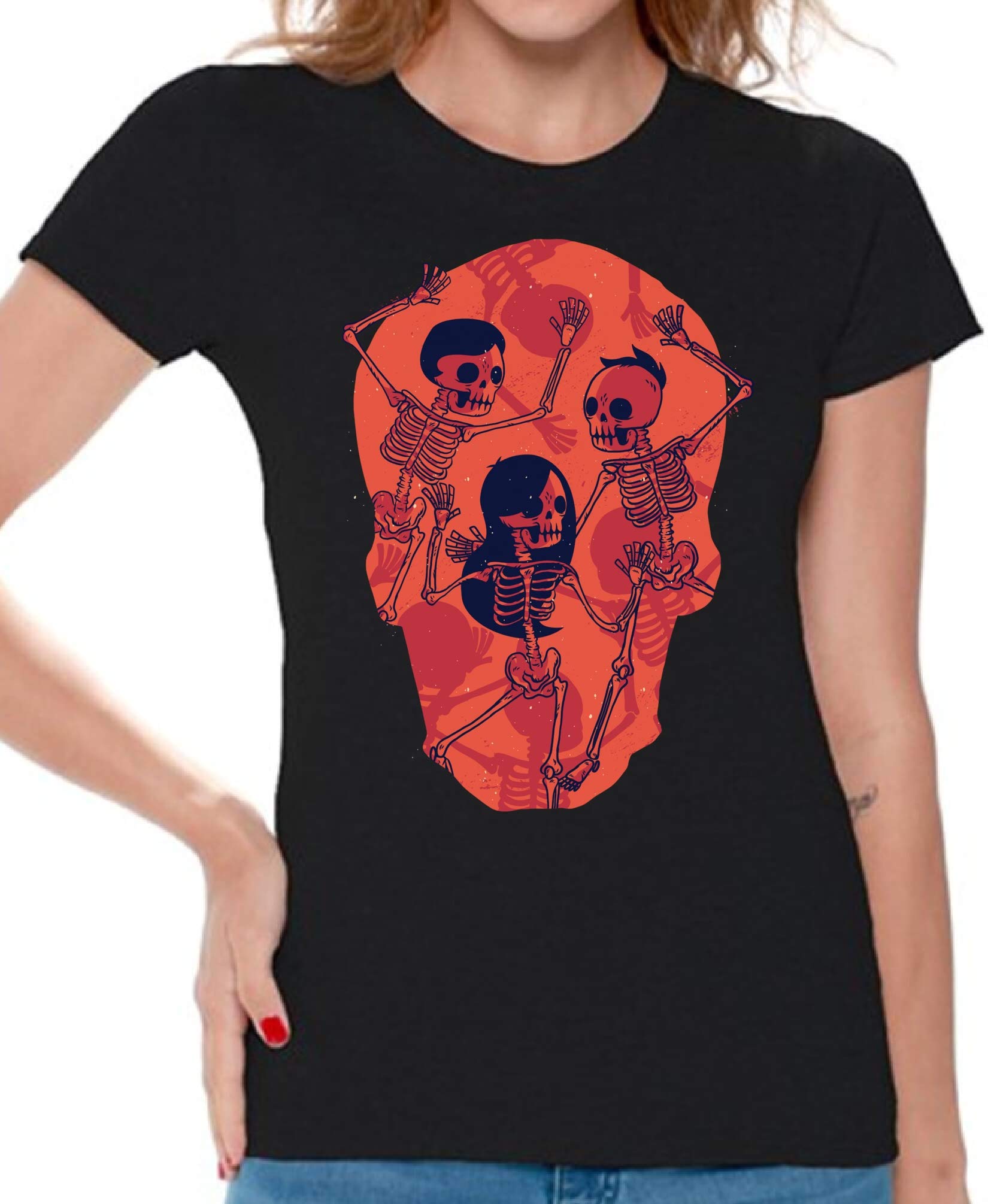 Awkward Styles Skull Print T-Shirt - Gothic Dancing Skeletons Graphic Tee for Women | Trendy Casual Streetwear & Halloween Costume Outfit
